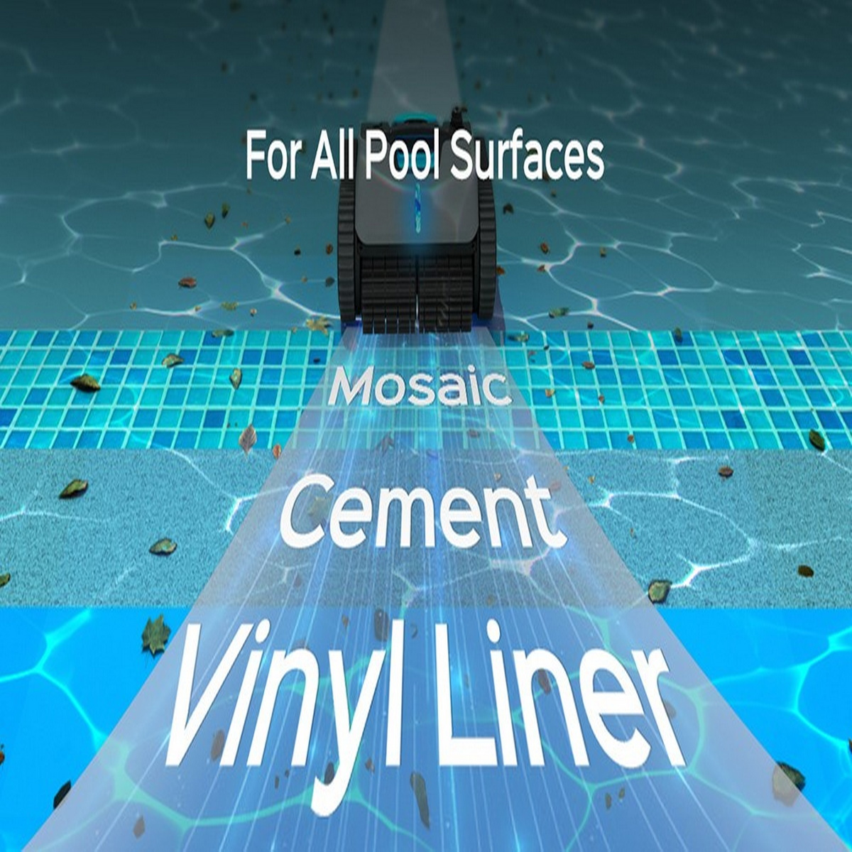 Odkurzacz basenowy w basenie. Tekst: Do wszystkich powierzchni basenu, mozaika, cement, wykładzina winylowa.