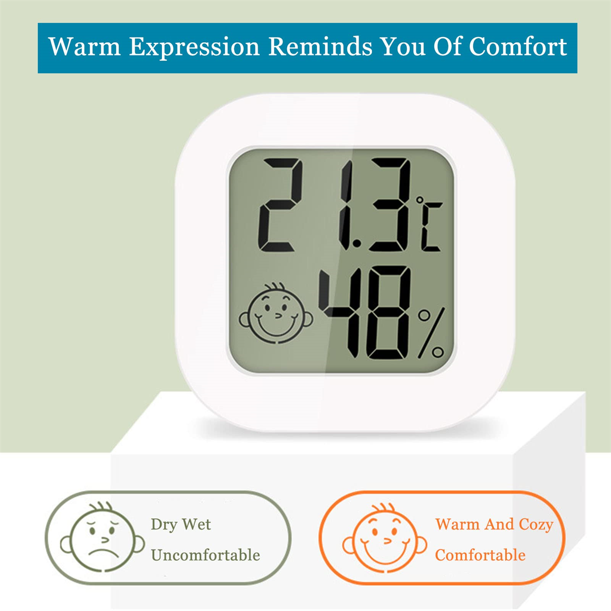 Ein weißes digitales Thermometer zeigt 21,3°C und 48% Luftfeuchtigkeit an, mit Komfortanzeigen.