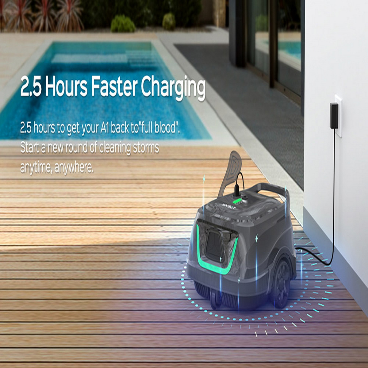 Robot do czyszczenia basenu ładujący się w pobliżu basenu. Tekst: 2,5 godziny szybszego ładowania.