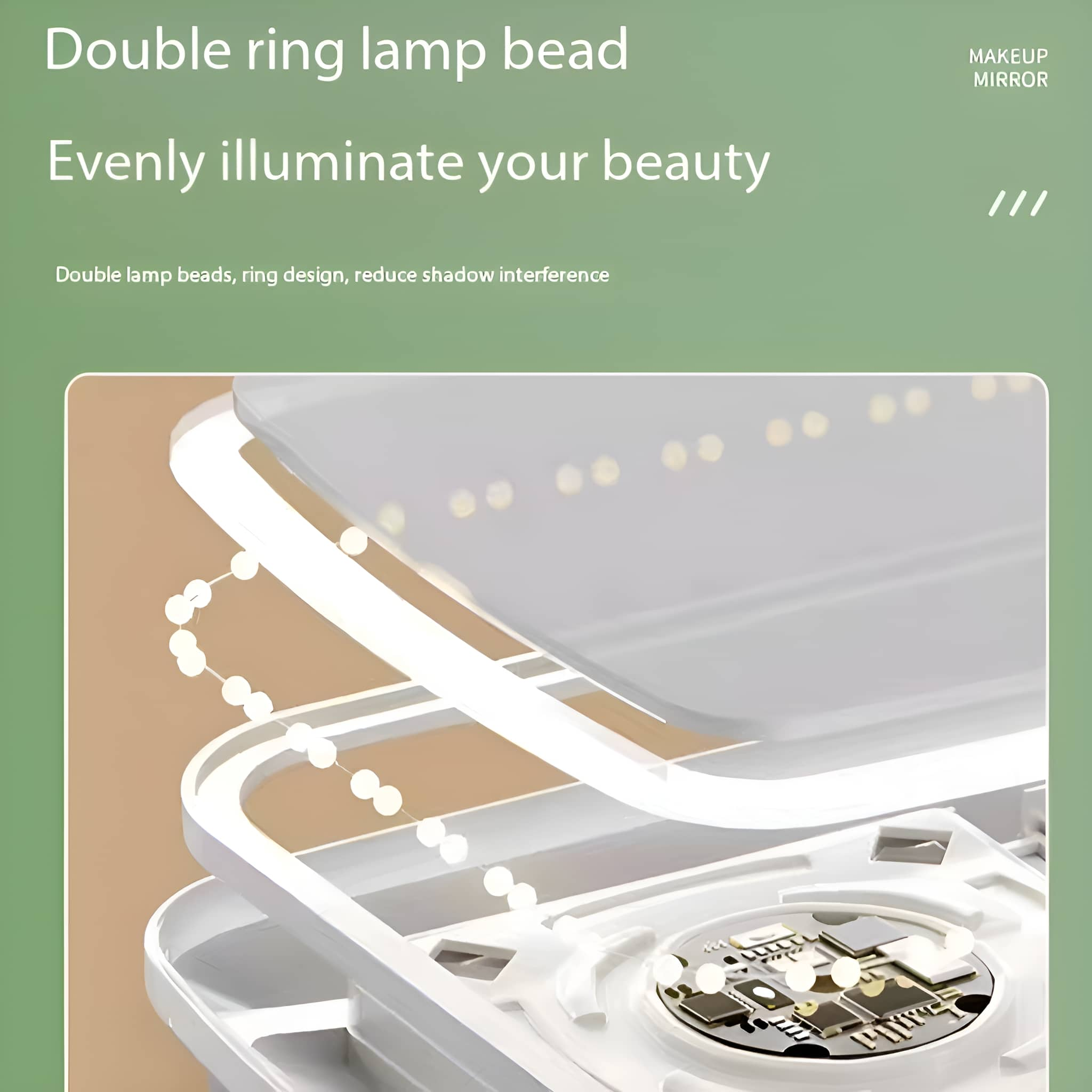 Ein weißer Schminkspiegel mit LED-Lichtern leuchtet gleichmäßig. Er hat ein Ringdesign, um Schatten zu reduzieren.
