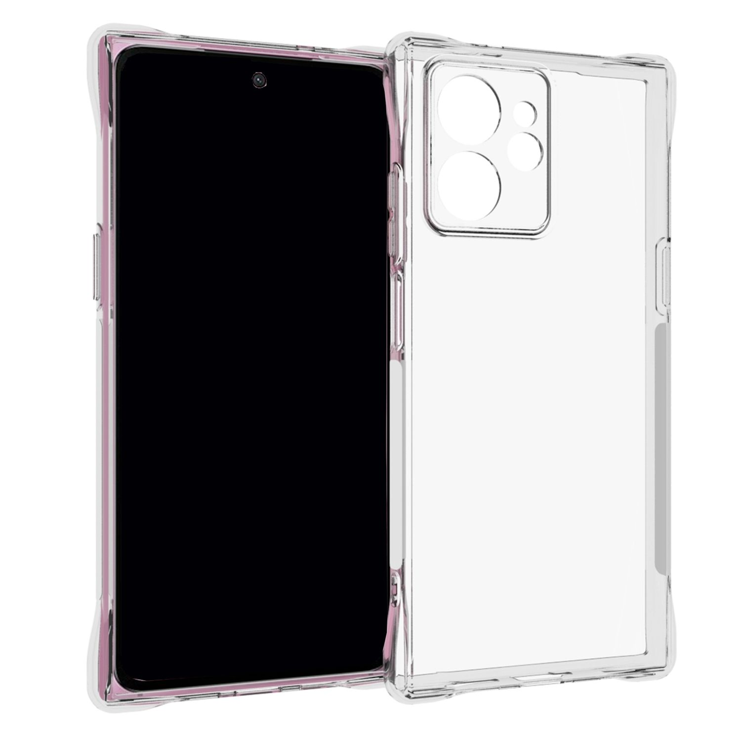 Eine transparente Handyhülle, die ein schwarzes Smartphone zeigt. Die Handyhülle hat einen rosa Rand.