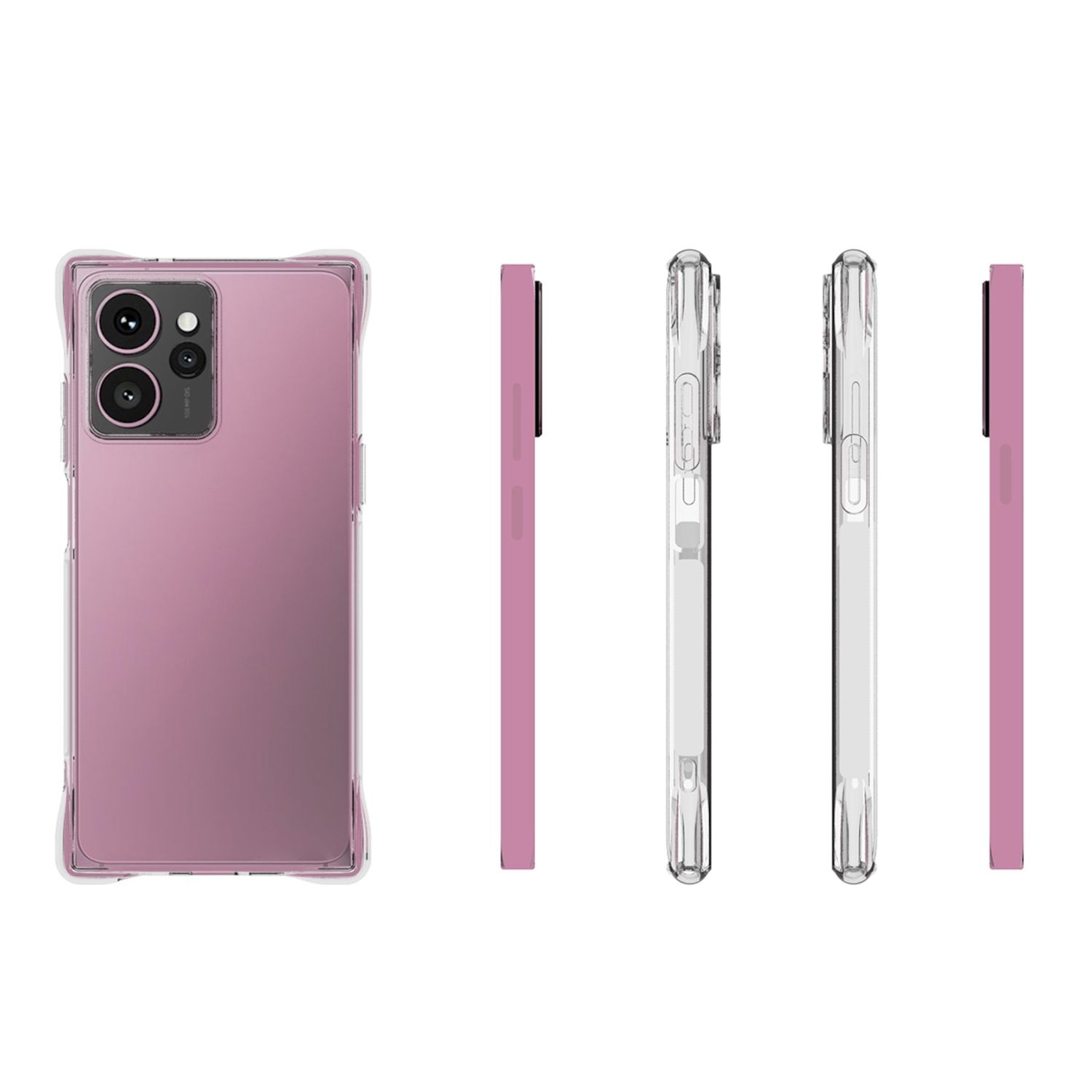 Mehrere Ansichten eines rosa Telefons in einer transparenten Hülle. Das Telefon befindet sich auf weißem Hintergrund.