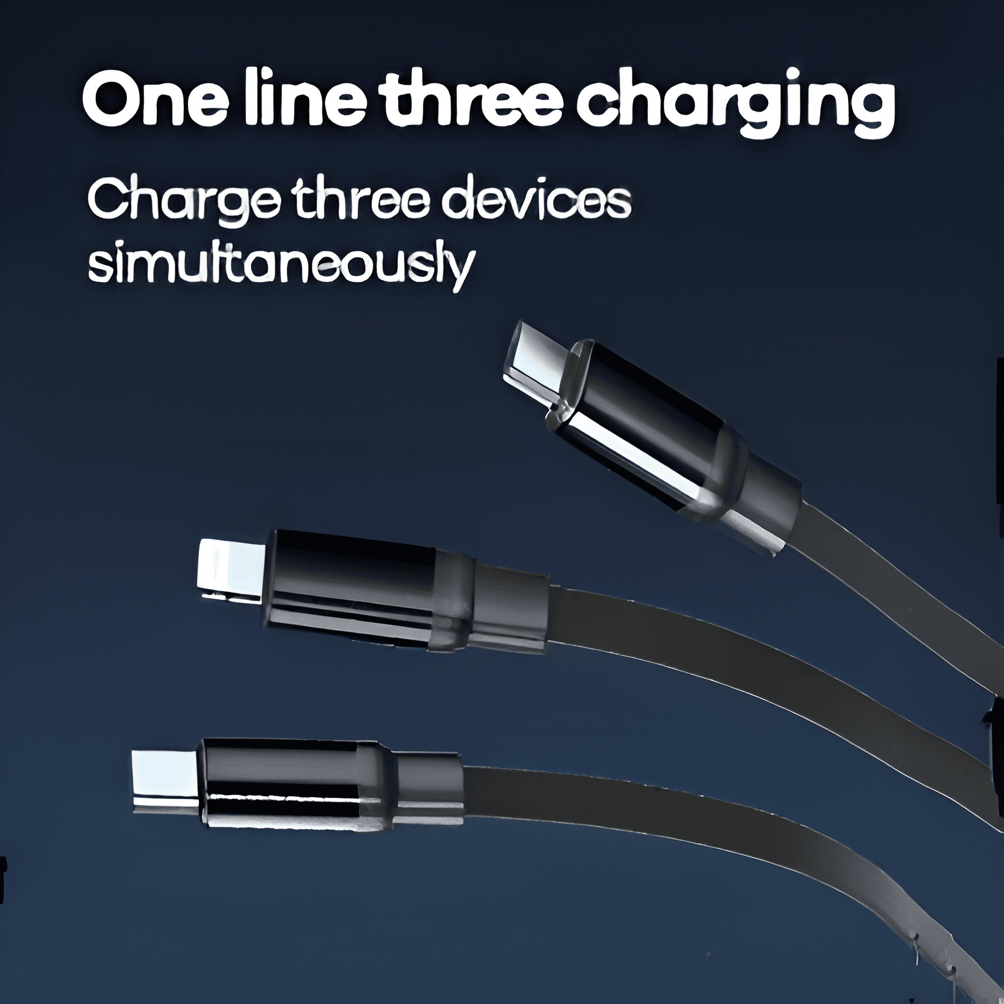 Drei Ladekabel an einer Basis angeschlossen. Text: 'One line three charging'.