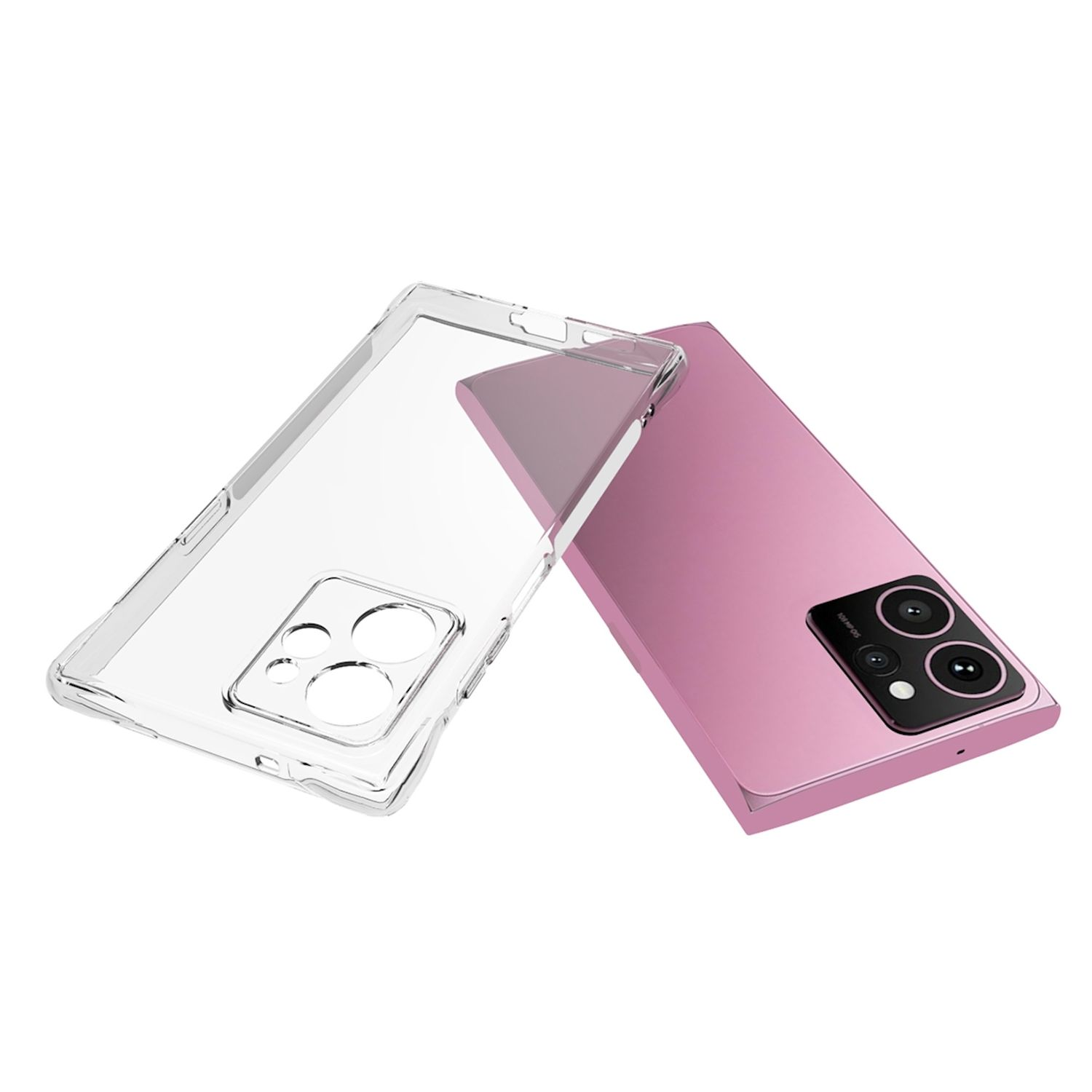 Rosa Telefonrückseite und transparente Telefonhülle. Hülle ist offen. Weißer Hintergrund.