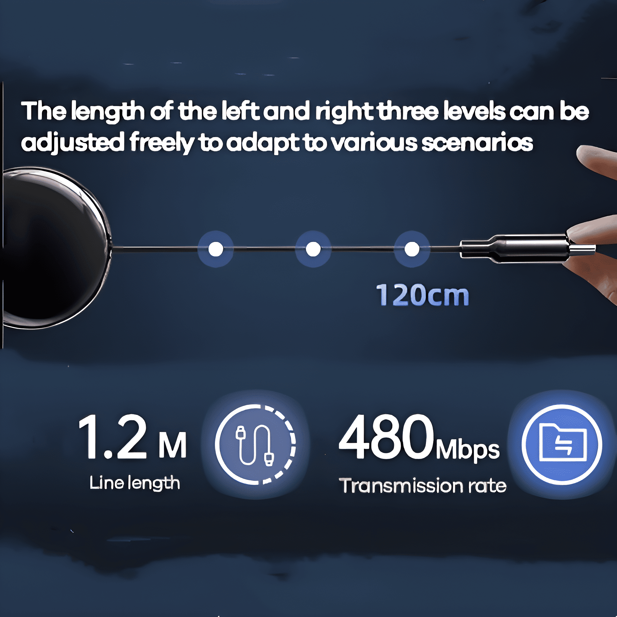 Ein schwarzes und silbernes Ladekabel mit 1,2 m Länge und 480 Mbit/s Übertragungsrate.