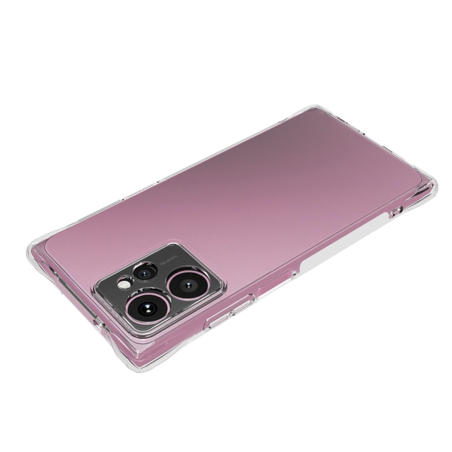 Ein rosa Telefon in einer durchsichtigen Hülle. Die Hülle hat einen Kameraausschnitt und Knöpfe.
