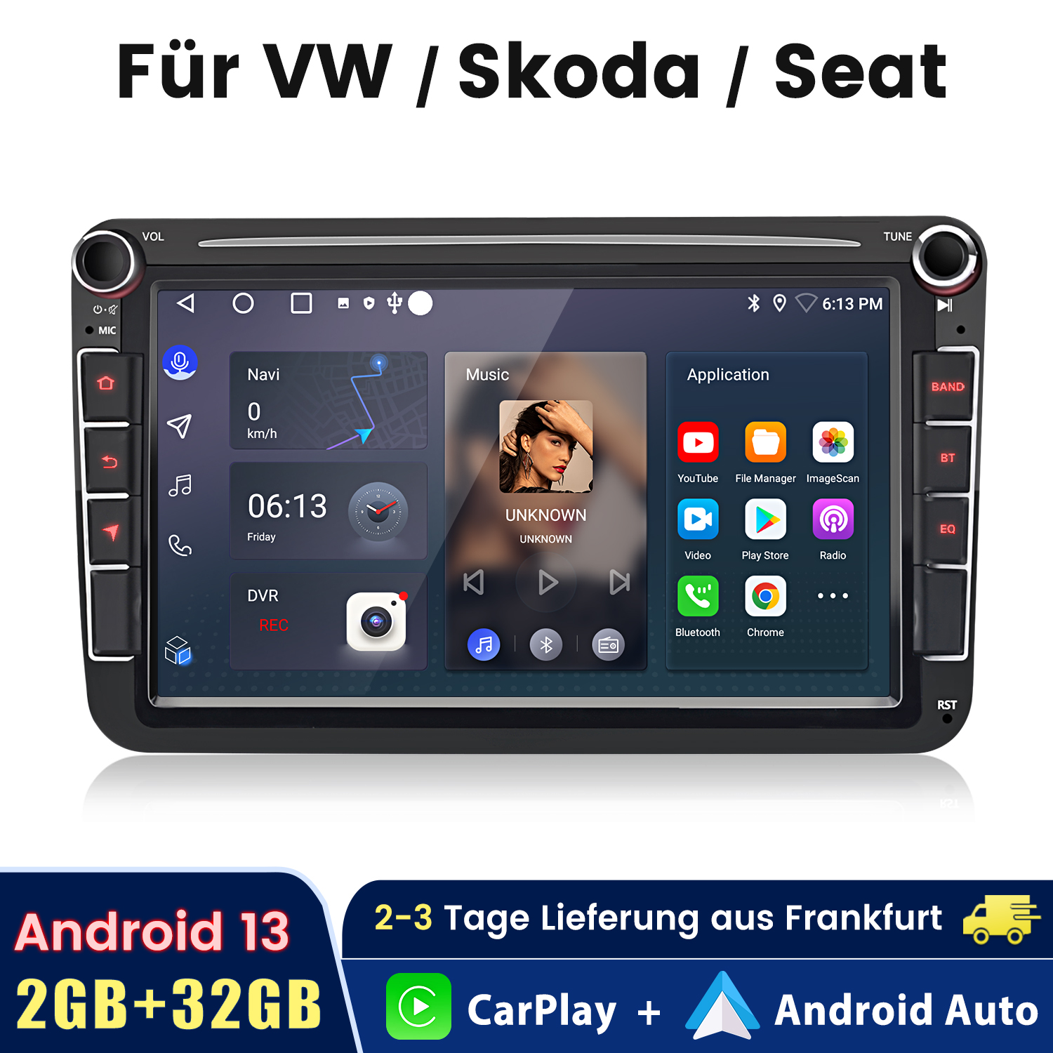 Radio samochodowe z nawigacją i wyświetlaczem muzyki. Teksty: Android, CarPlay, Android Auto i VW/Skoda/Seat.
