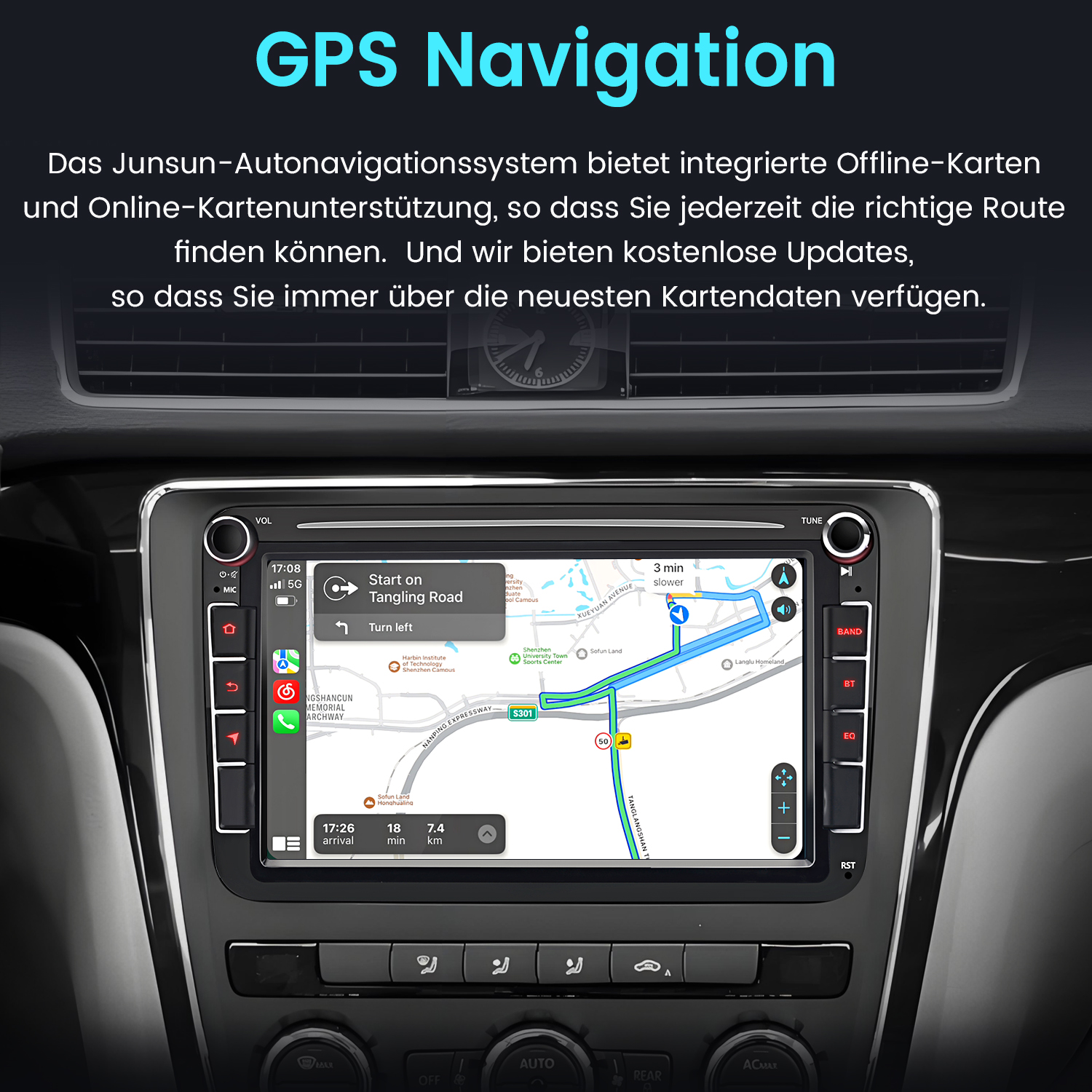 System informacyjno-rozrywkowy w samochodzie, pokazujący nawigację GPS na ekranie. Tekst o mapach offline i online.