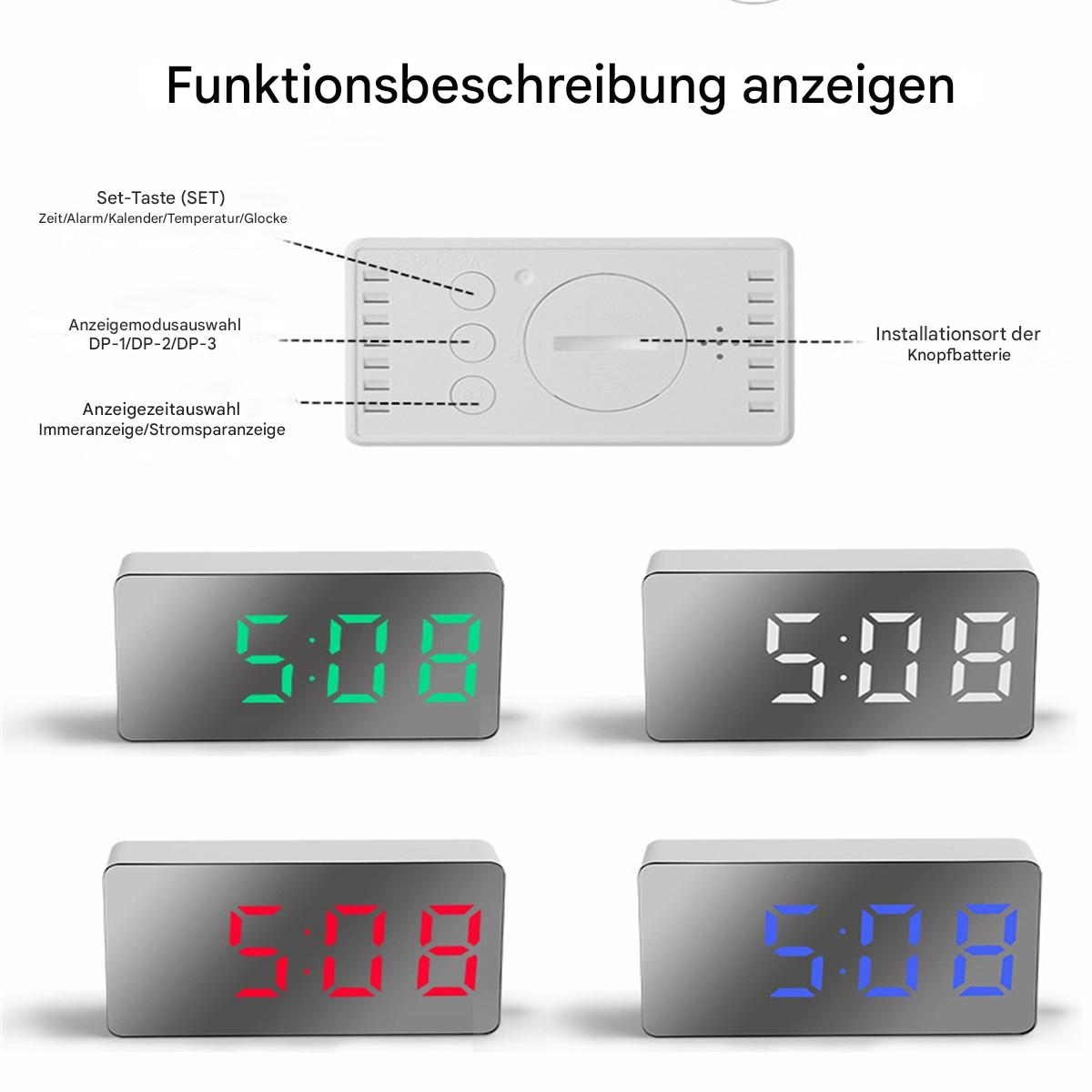 Digitale Wecker mit verschiedenfarbiger Anzeige: grün, weiß, rot und blau. Alle zeigen 5:08.