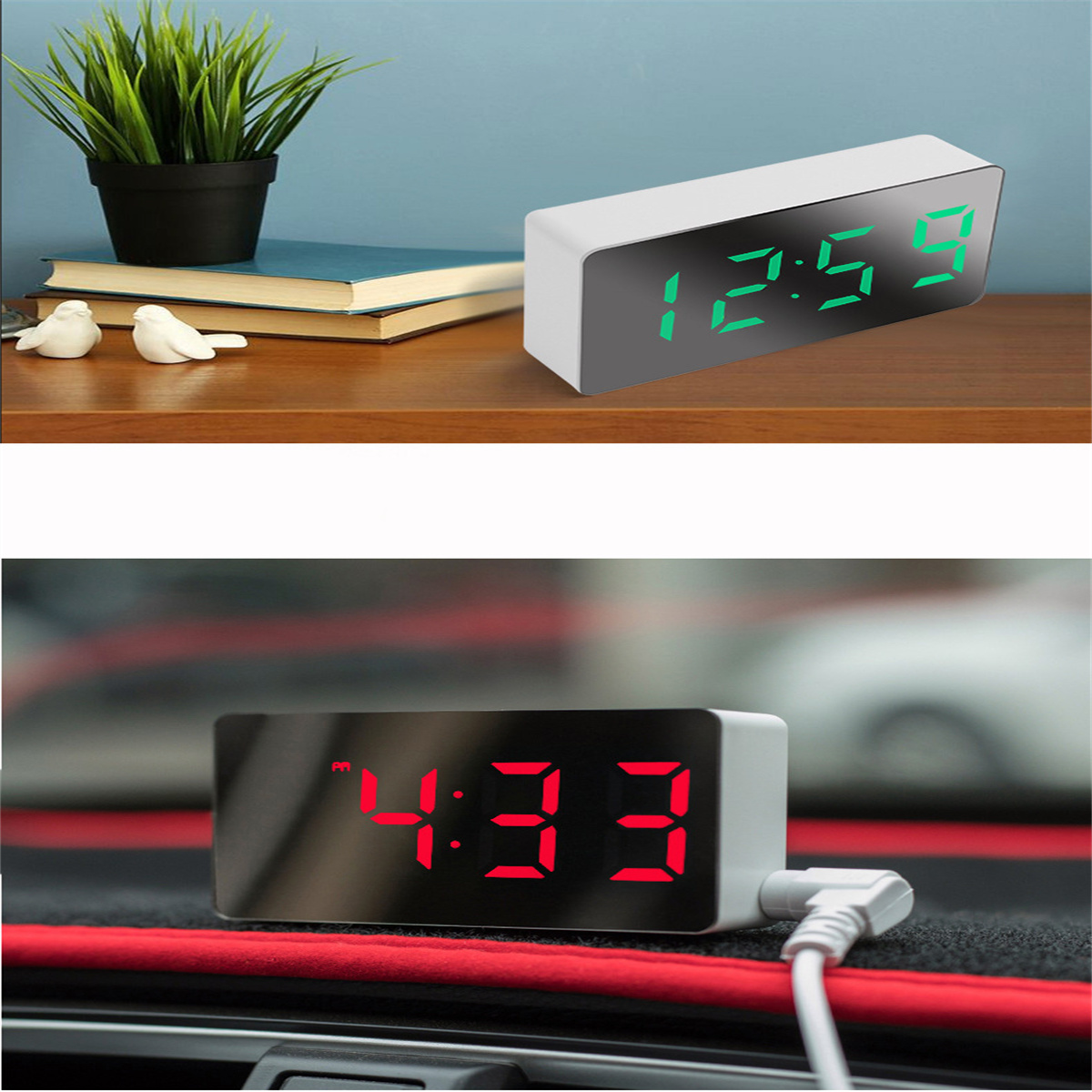 Digitaluhr zeigt 12:59 auf einem Regal. Zweites Bild zeigt 4:33 Uhr.