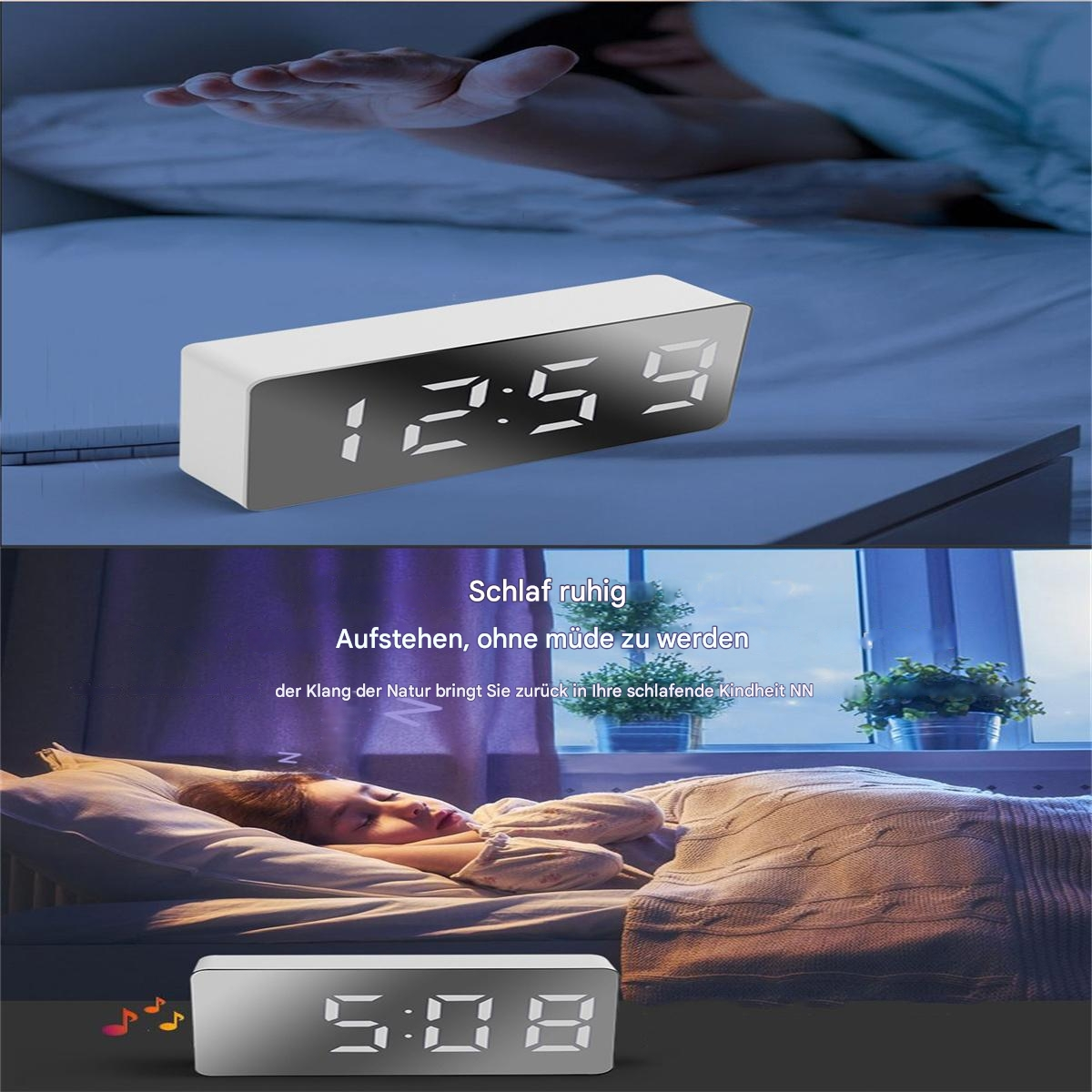 Zwei Fotos einer Digitaluhr. Eines zeigt die Uhrzeit, das andere eine schlafende Person.
