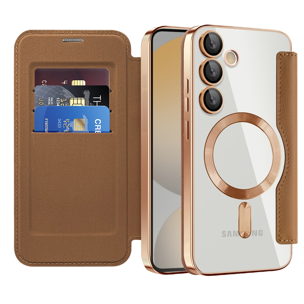 Eine braune Handyhülle mit Kartenfächern, offen, um Karten zu zeigen. Ein Samsung-Telefon ist innen sichtbar, mit goldfarbenem Rand.