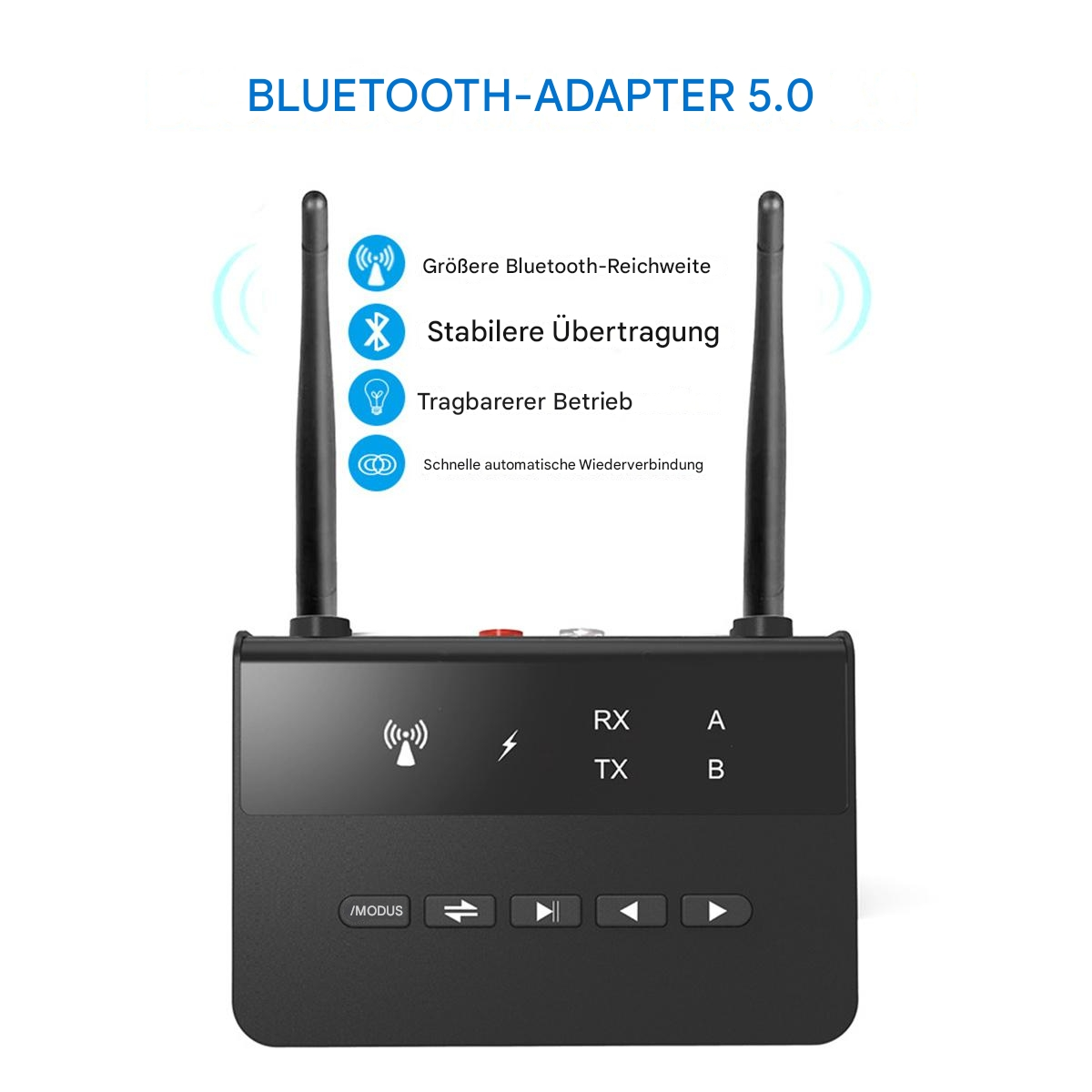 Ein schwarzer Bluetooth-Adapter mit zwei Antennen. Er hat Knöpfe und Beschriftungen auf der Vorderseite.