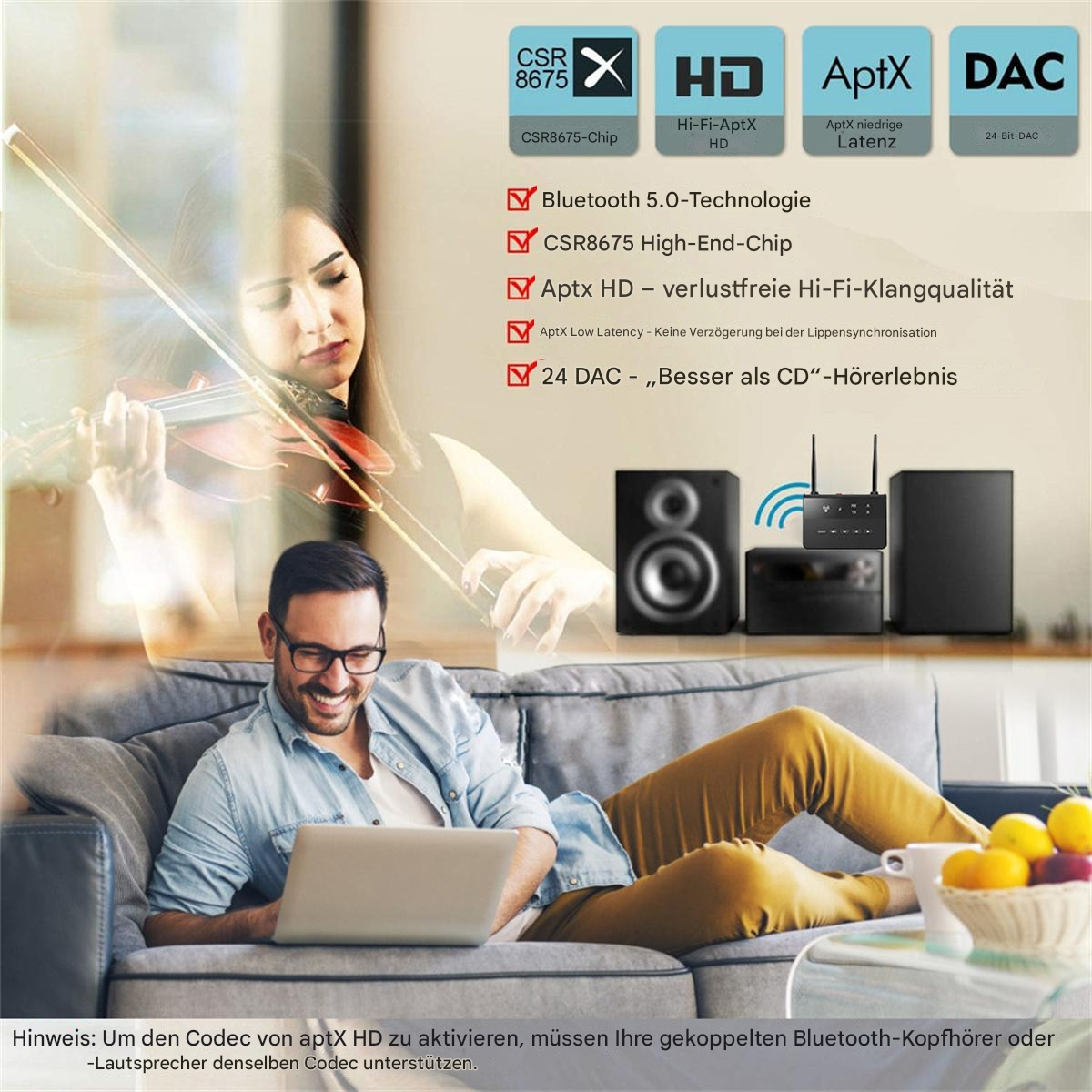 Eine Frau spielt Geige, ein Mann benutzt einen Laptop. Lautsprecher, ein Modem und Text über Bluetooth und Audioqualität.