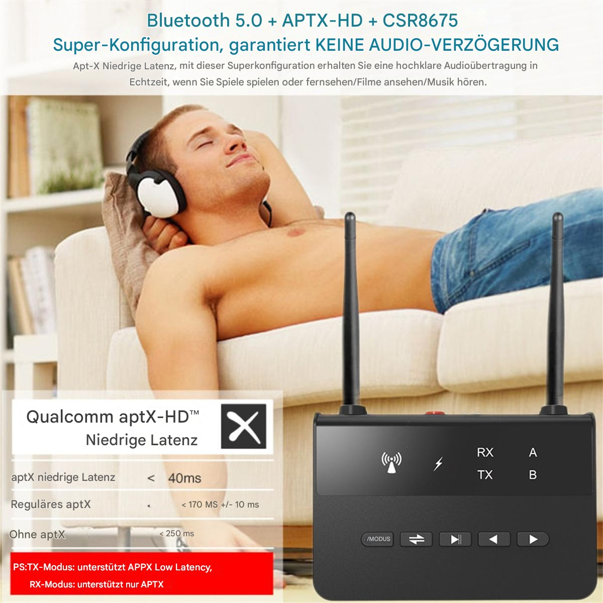 Ein Mann mit Kopfhörern liegt auf einem Bett, mit einem schwarzen Audiosender. Text ist vorhanden.