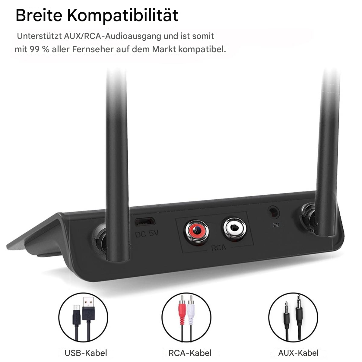 Ein schwarzes elektronisches Gerät mit Anschlüssen und einem USB-Kabel. Der Text beschreibt die Kompatibilität.