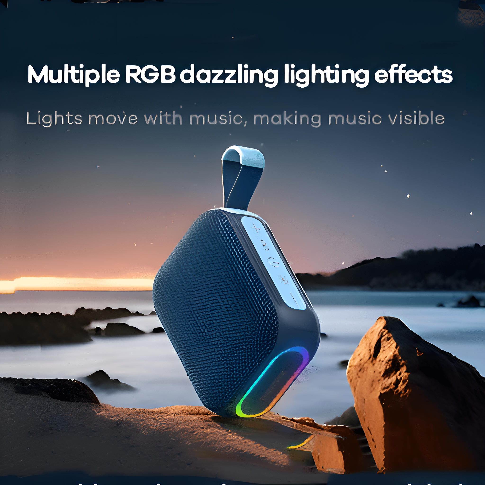 Ein blauer Lautsprecher mit RGB-Beleuchtung und Griff vor Sonnenuntergang.