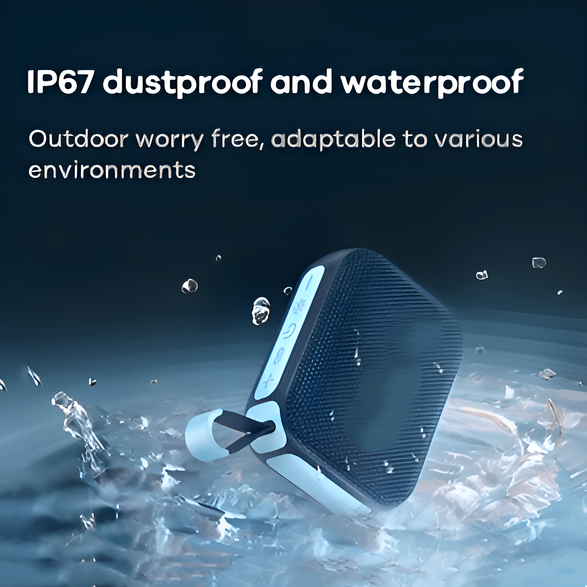 Ein schwarz-blauer Lautsprecher im Wasser mit Wasserspritzern. Es hat IP67-Text.