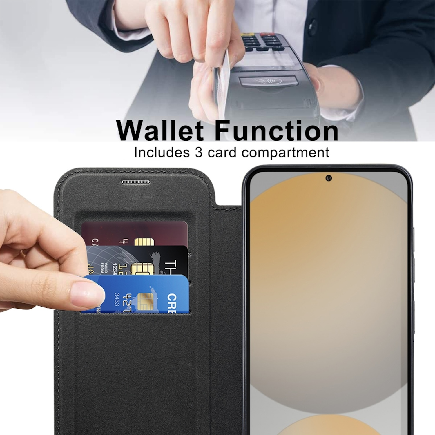 Eine Hand steckt eine Kreditkarte in eine Handyhülle mit Geldbörsenfunktion.