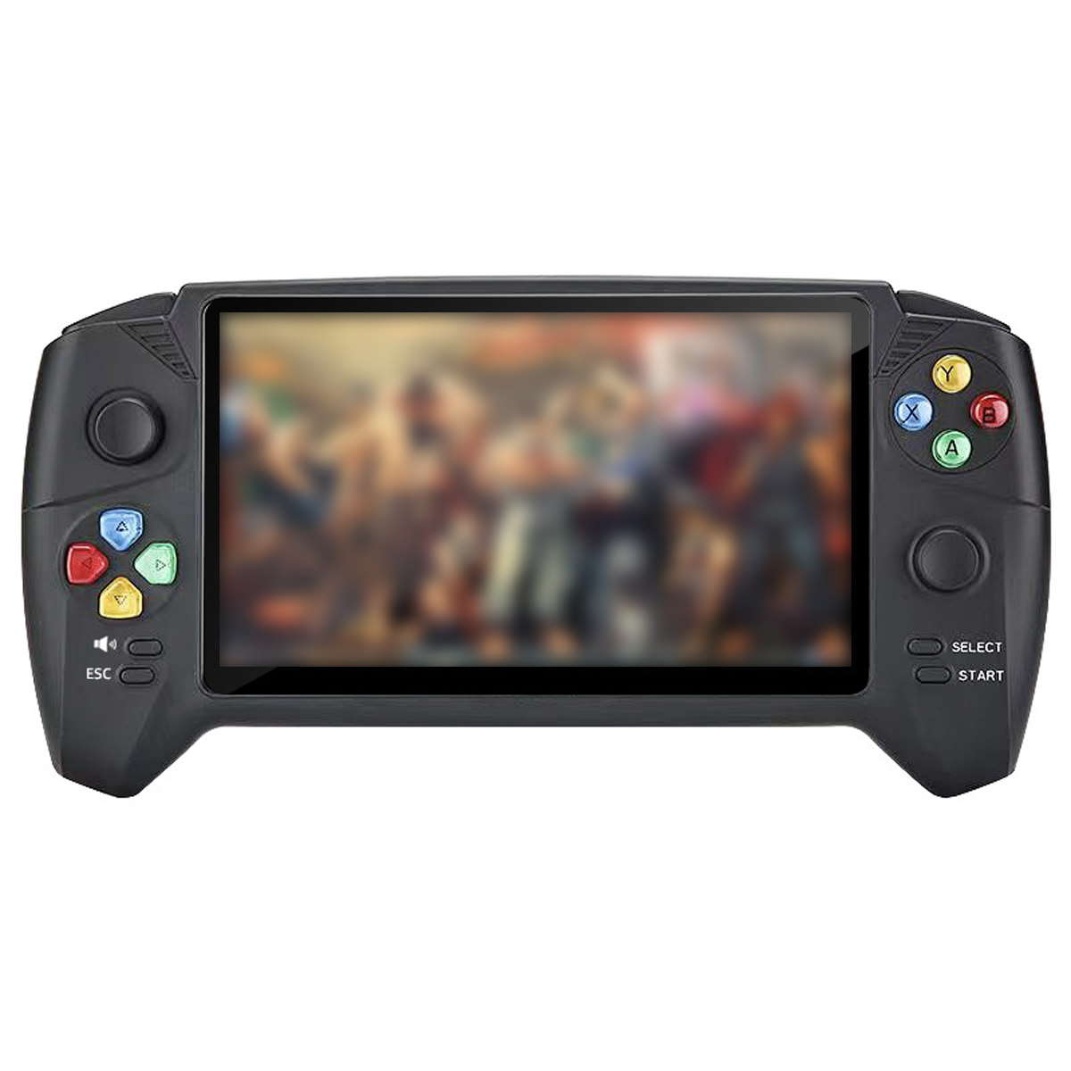 Schwarze Handheld-Konsole mit einem Bildschirm, der eine verschwommene Spielszene zeigt, Knöpfen und Steuerknüppeln.