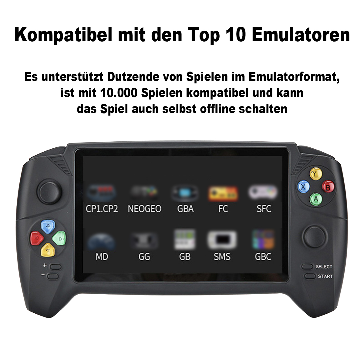 Schwarze Handheld-Konsole mit Bildschirm und Emulator-Symbolen, auf weißer Oberfläche.