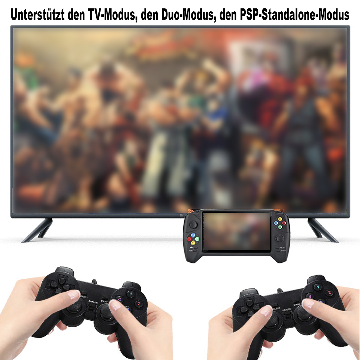 Eine Spielkonsole, die mit einem Fernseher verbunden ist, mit zwei Controllern. Die Konsole steht auf einem Tisch.