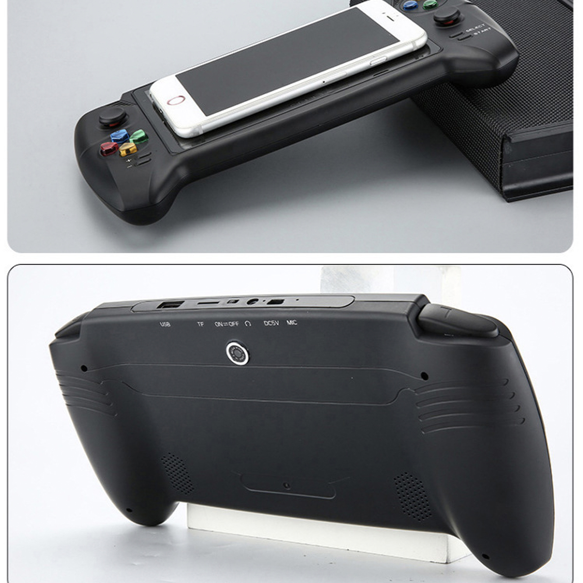 Ein schwarzer Gamepad-Controller mit befestigtem Telefon. Die Rückseite zeigt USB-, TF-, ON/OFF-, DC5V- und MIC-Anschlüsse.