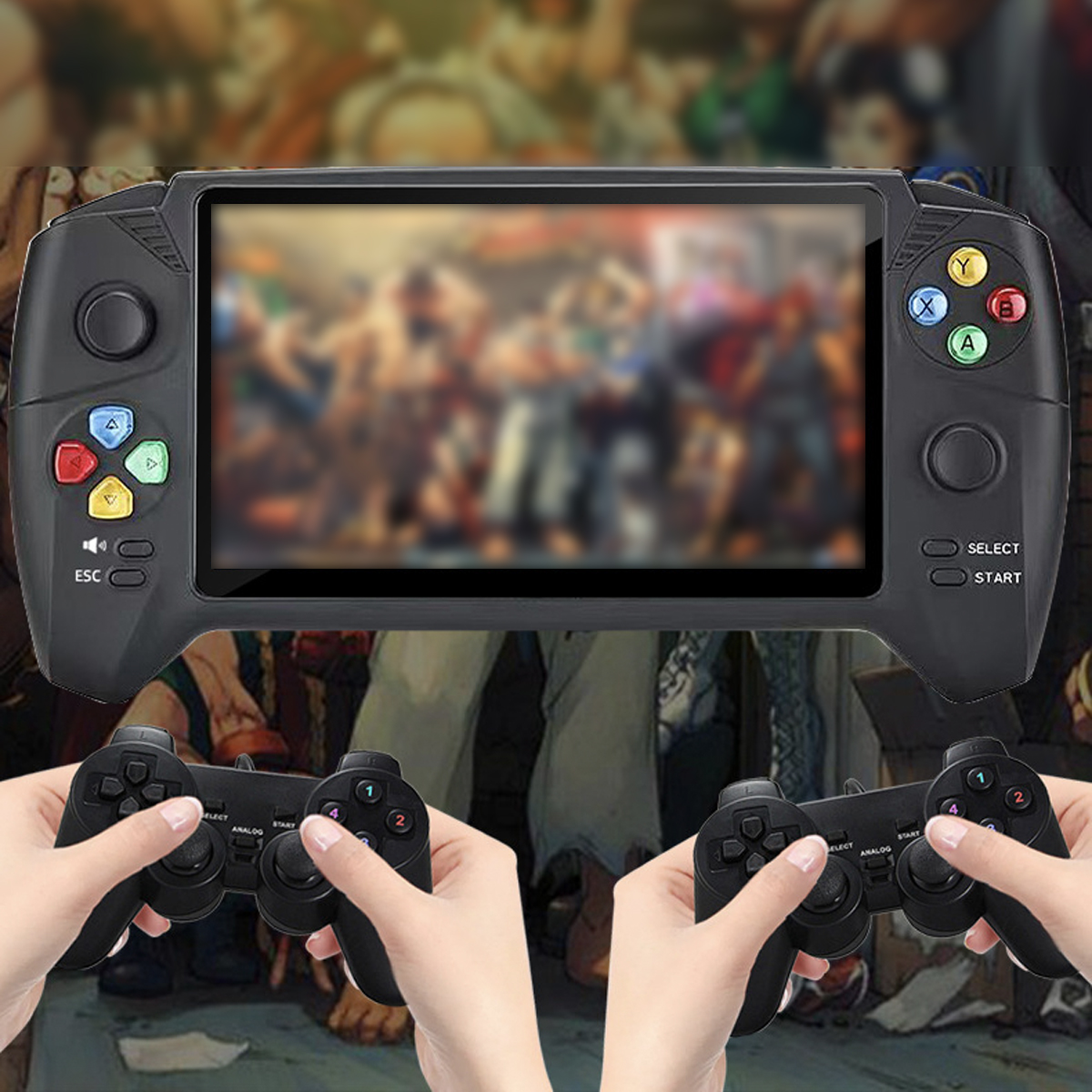 Eine Handheld-Spielkonsole mit zwei Controllern. Der Bildschirm zeigt ein Spiel, Hände halten Controller.