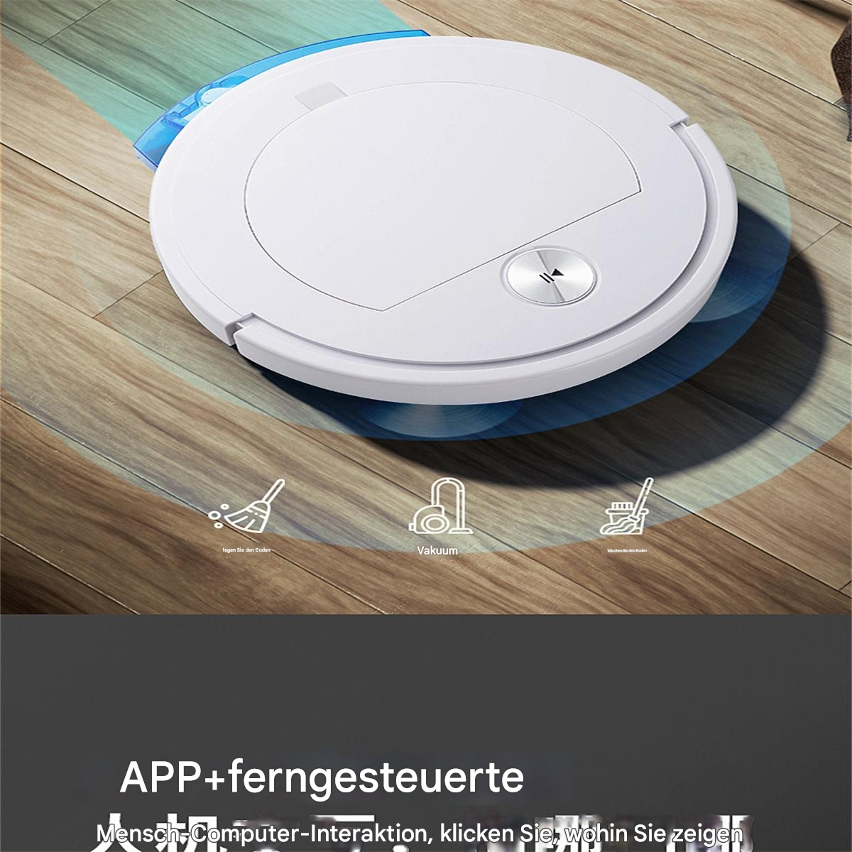 Ein weißer Roboter-Staubsauger auf einem Holzboden. Es gibt drei Symbole: Besen, Staubsauger und Bürste.