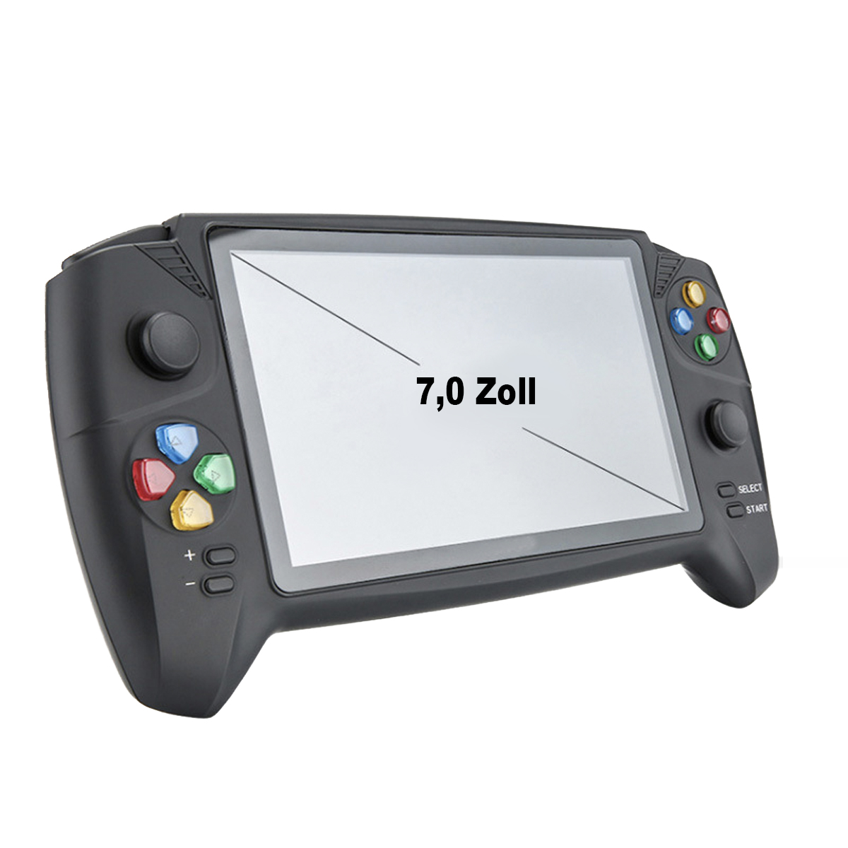 Ein schwarzes Handheld-Gaming-Gerät mit großem Bildschirm, Knöpfen und dem Text "7,0 Zoll".