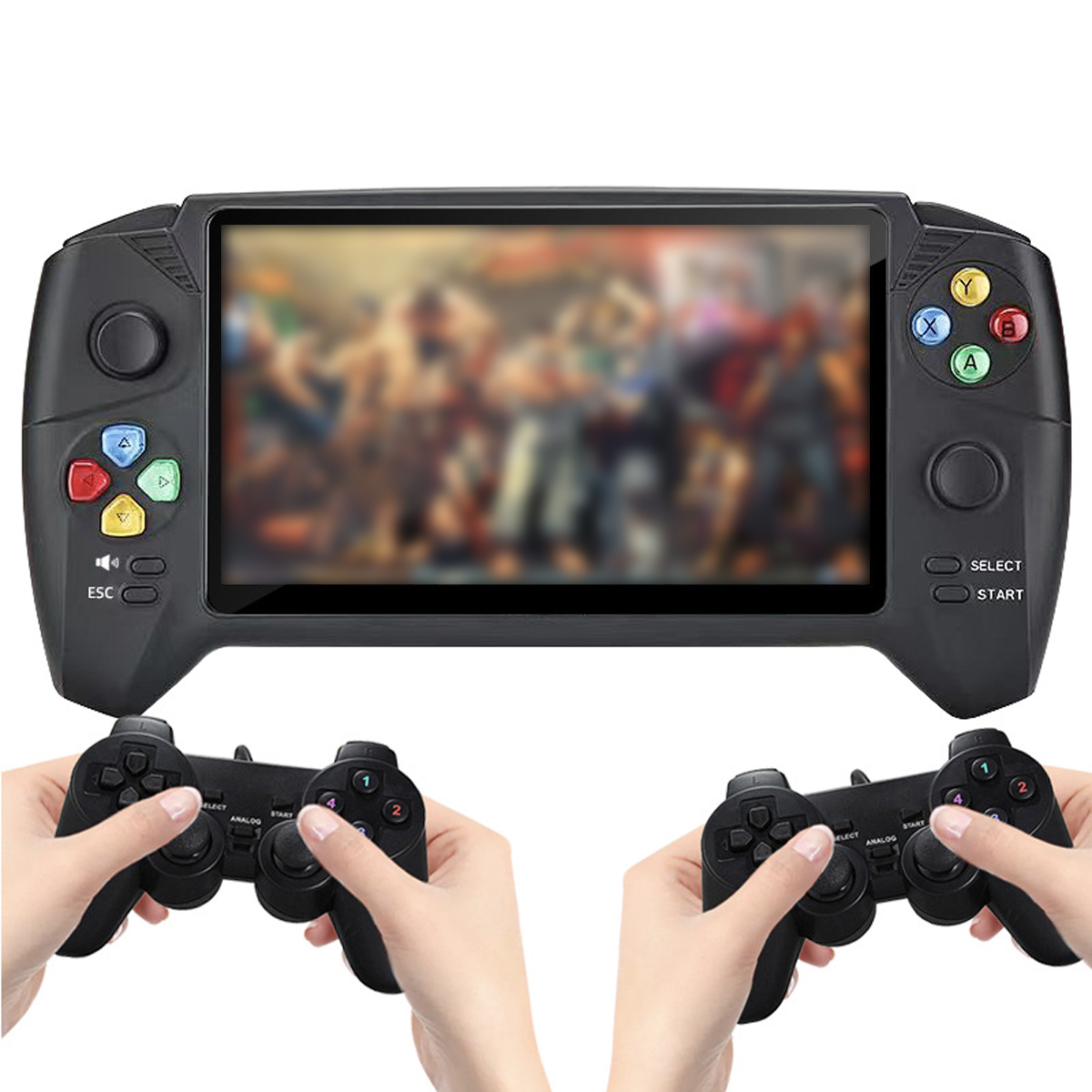 Eine tragbare Spielekonsole und zwei Controller, Hände halten die Controller, Bildschirm an.