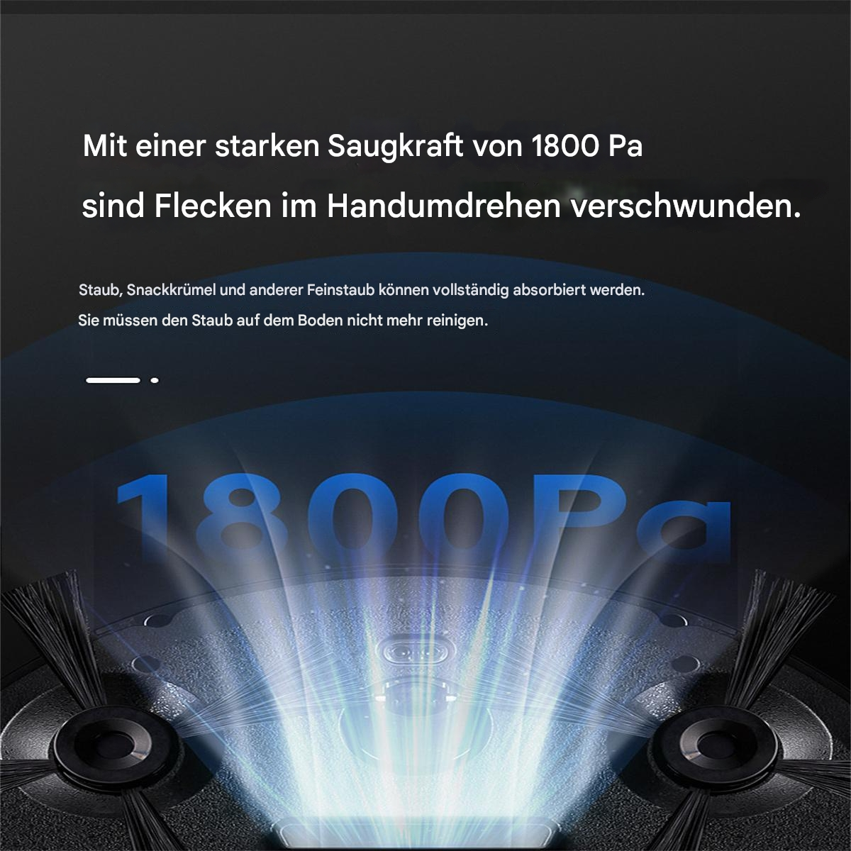Eine Werbung mit Text über die Reinigung. Das Bild zeigt einen Roboter-Staubsauger, der den Boden reinigt.