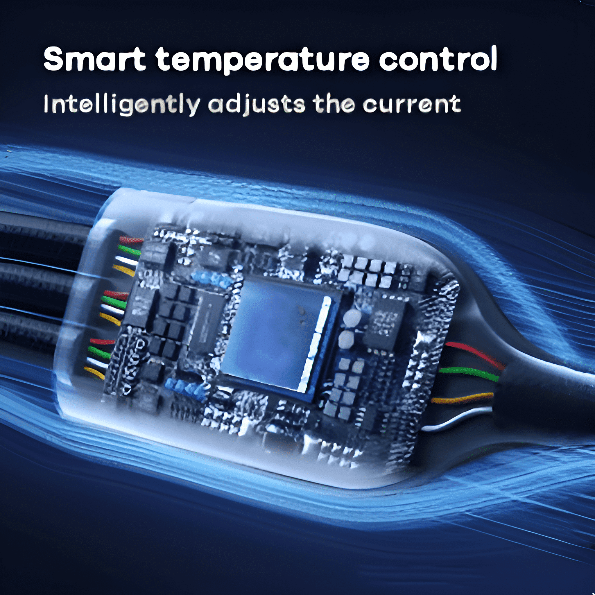 Nahaufnahme einer Leiterplatte mit Drähten und Text: Intelligente Temperaturregelung.