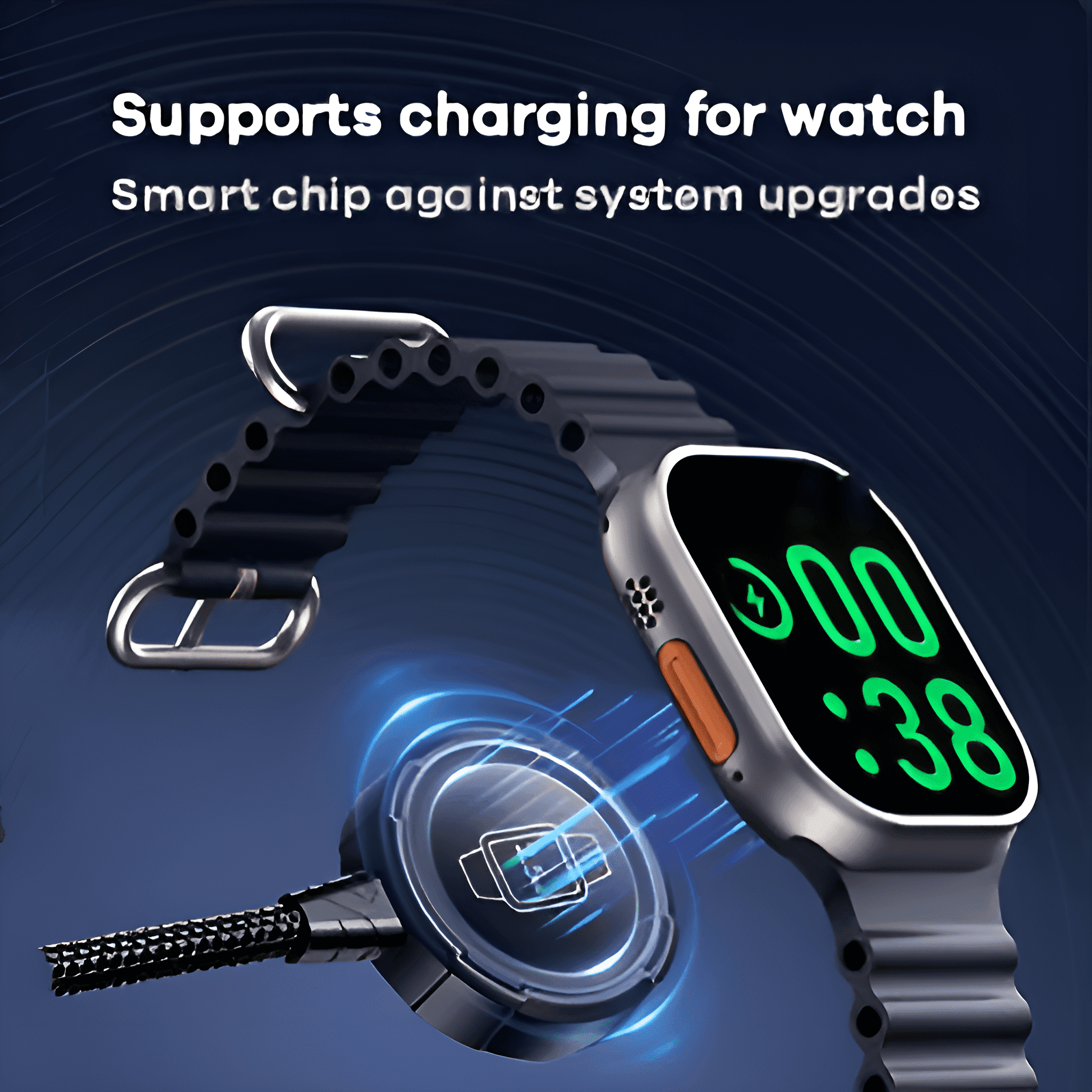 Eine Smartwatch, die mit einer Ladestation verbunden ist. Das Display der Uhr zeigt die Zeit an, und der Text besagt, dass das Aufladen der Uhr unterstützt wird.