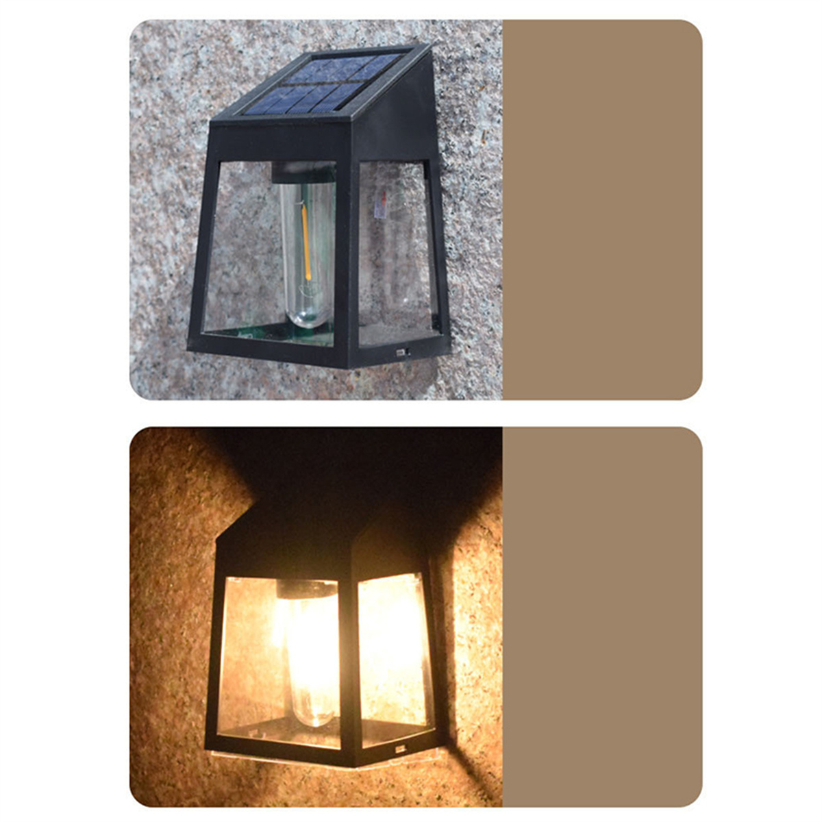 Solarbetriebene Wandleuchte. Oben: schwarzer Rahmen. Unten: Licht an.