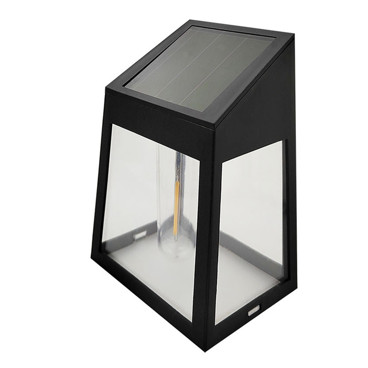 Schwarze Solarleuchte mit transparenter Front. Die Lampe hat ein Solarpanel oben.
