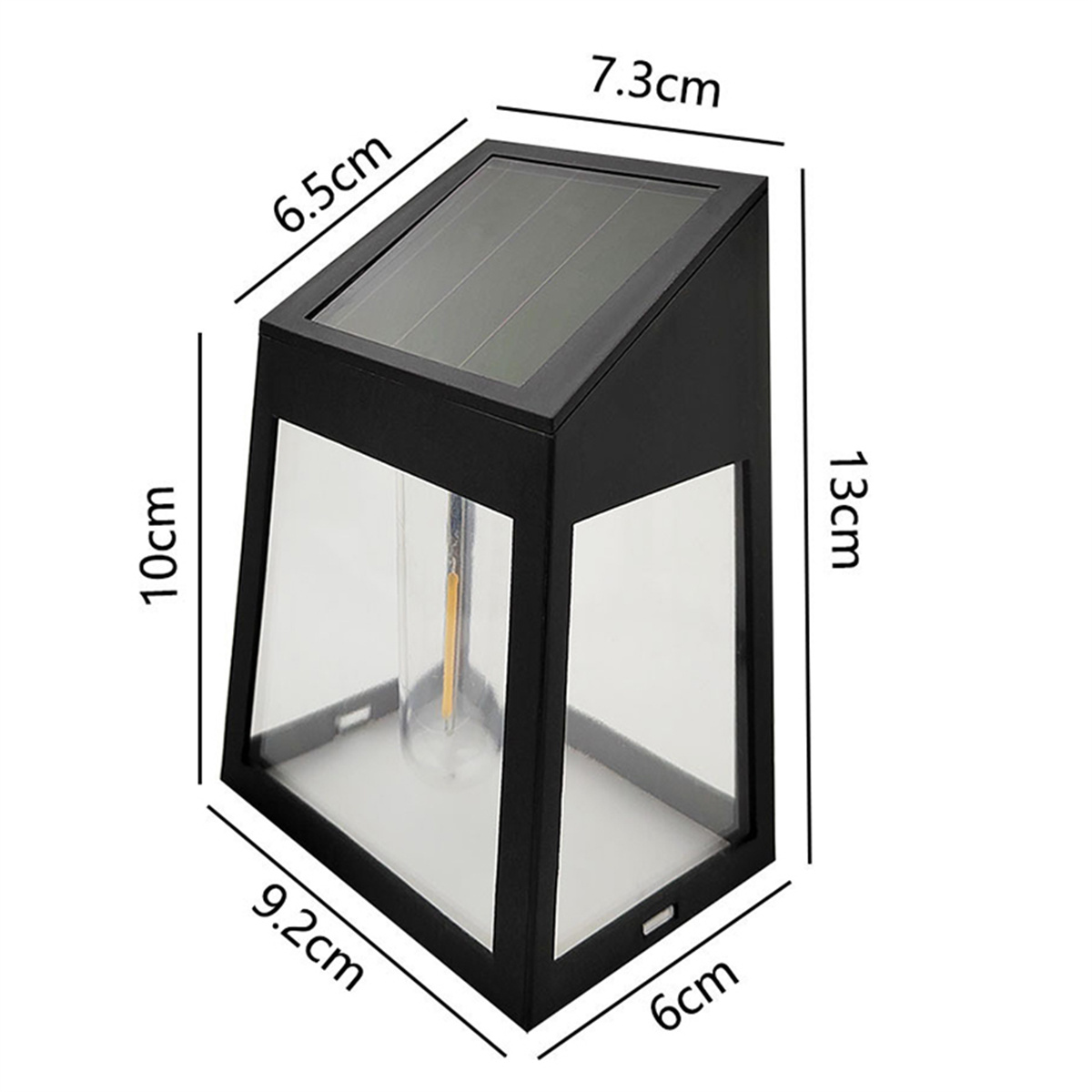 Schwarze Solar-LED-Außenleuchte. Zeigt Abmessungen in cm und mm. Schräge Ansicht, weißer Hintergrund.