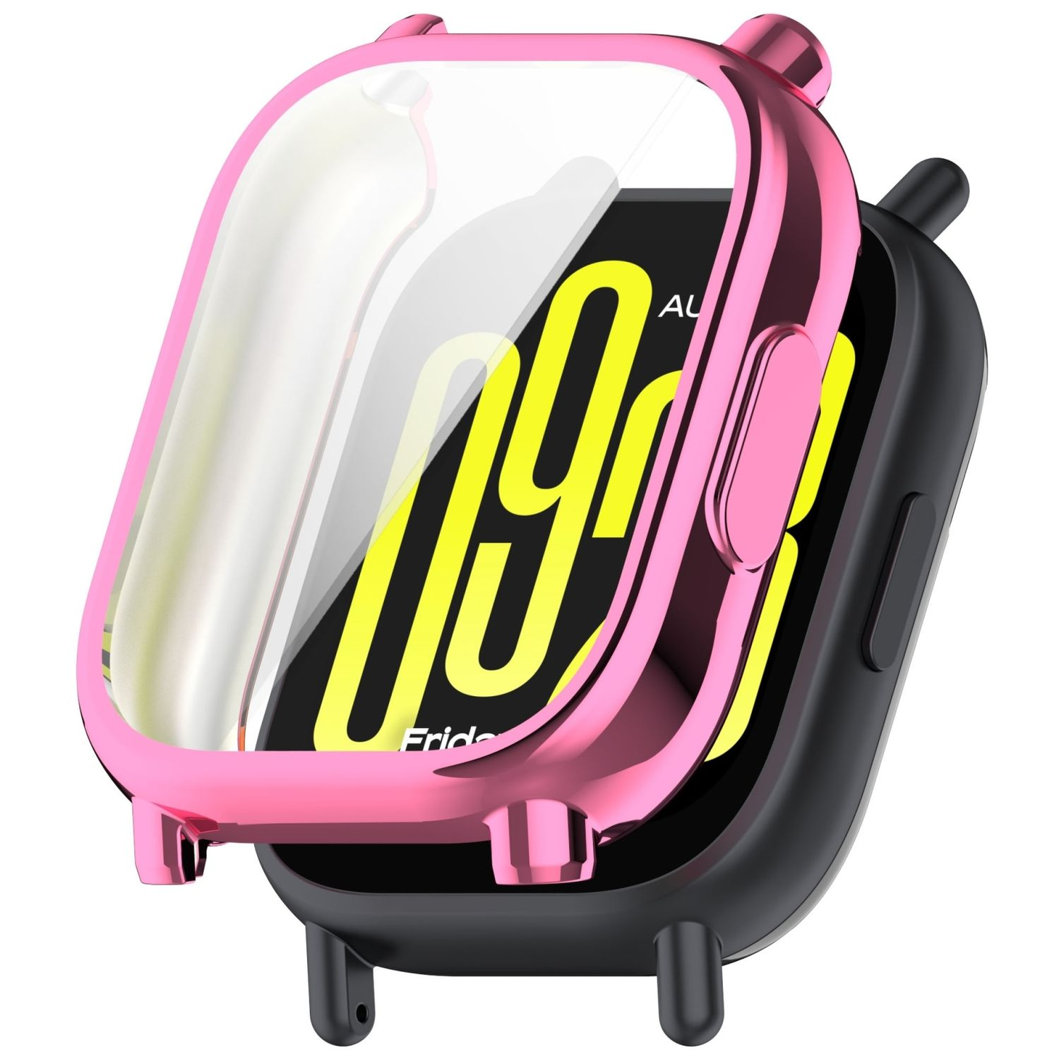 Custodia per orologio rosa con una copertura trasparente su uno smartwatch nero. Il quadrante mostra un numero digitale.