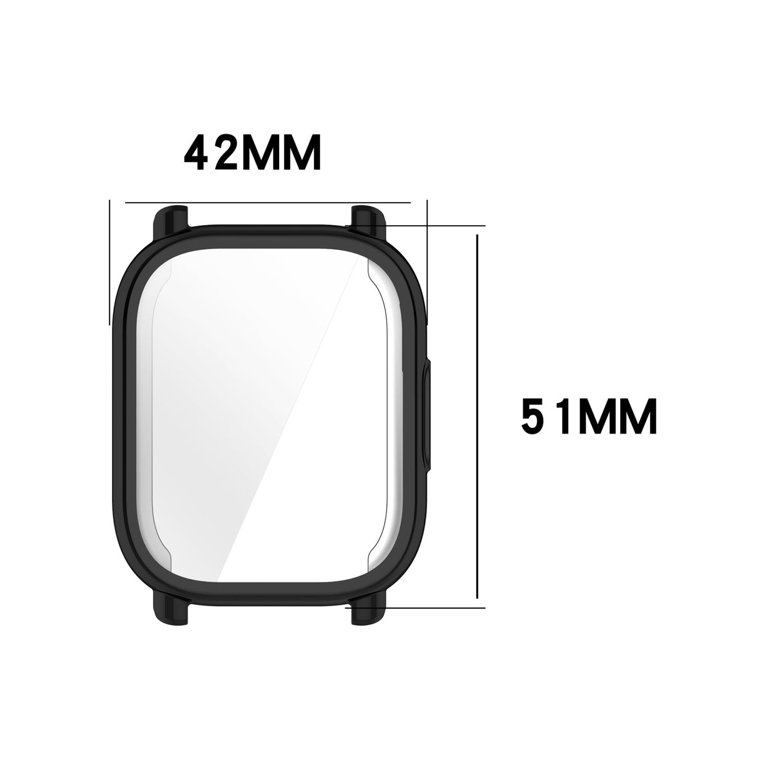 Uhrengehäuse, schwarze quadratische Form, 42 mm breit, 51 mm hoch. Gehäuse schützt das Uhrendisplay.