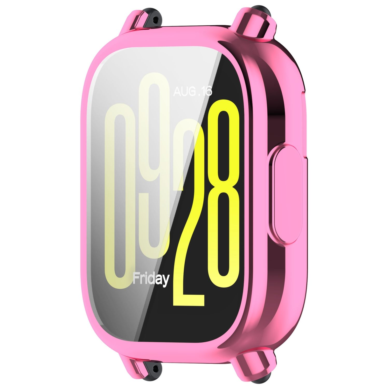 Uno smartwatch rosa con display digitale che mostra l'ora e il giorno.