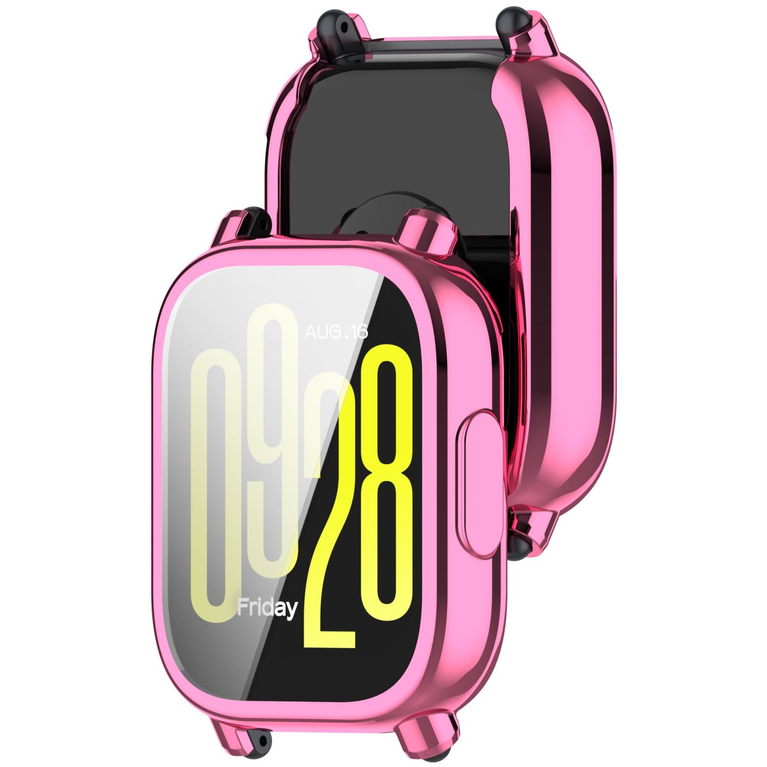 Una custodia per smartwatch rosa, aperta, che mostra il quadrante dell'orologio.