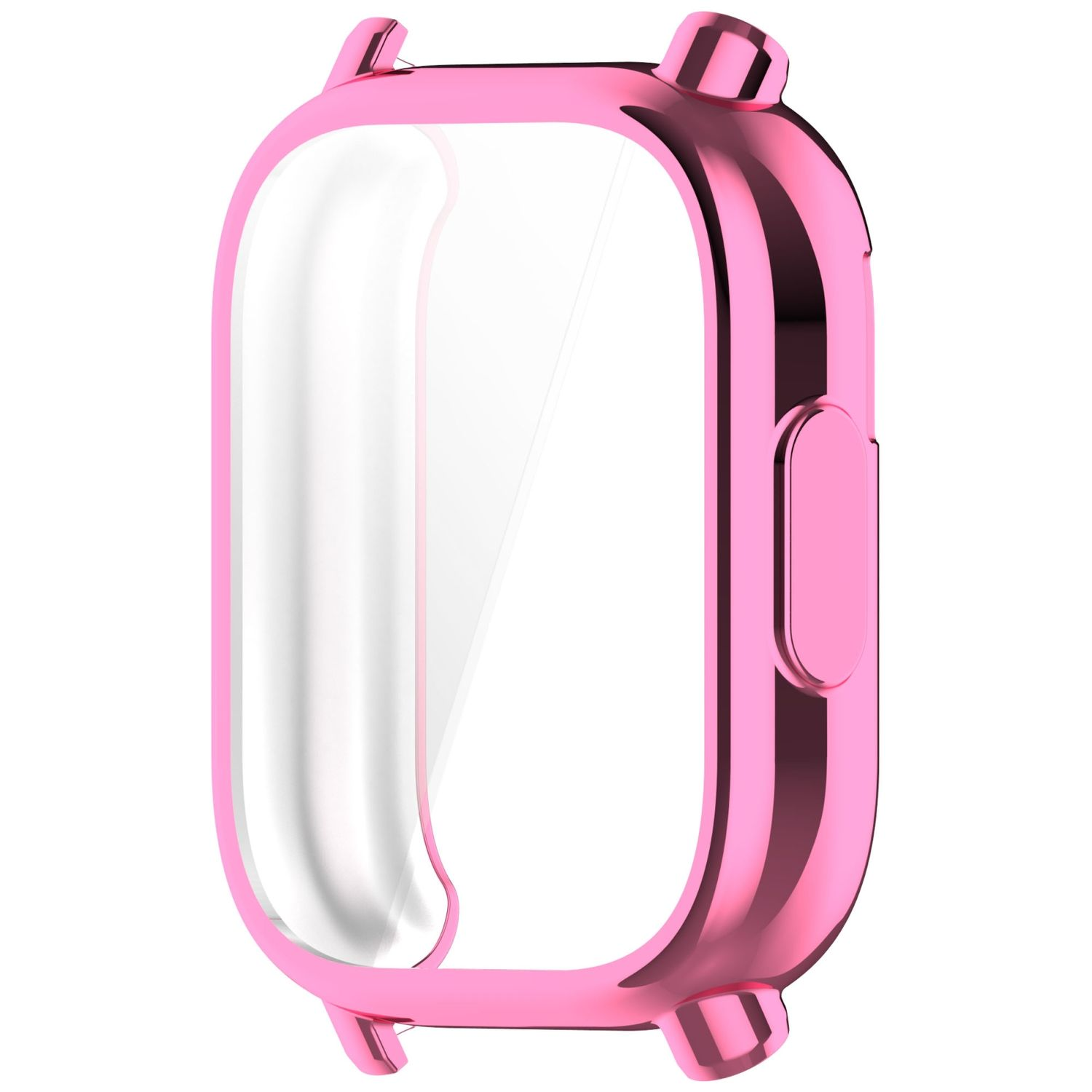 Custodia per orologio rosa con protezione schermo trasparente. La custodia è lucida e riflettente.