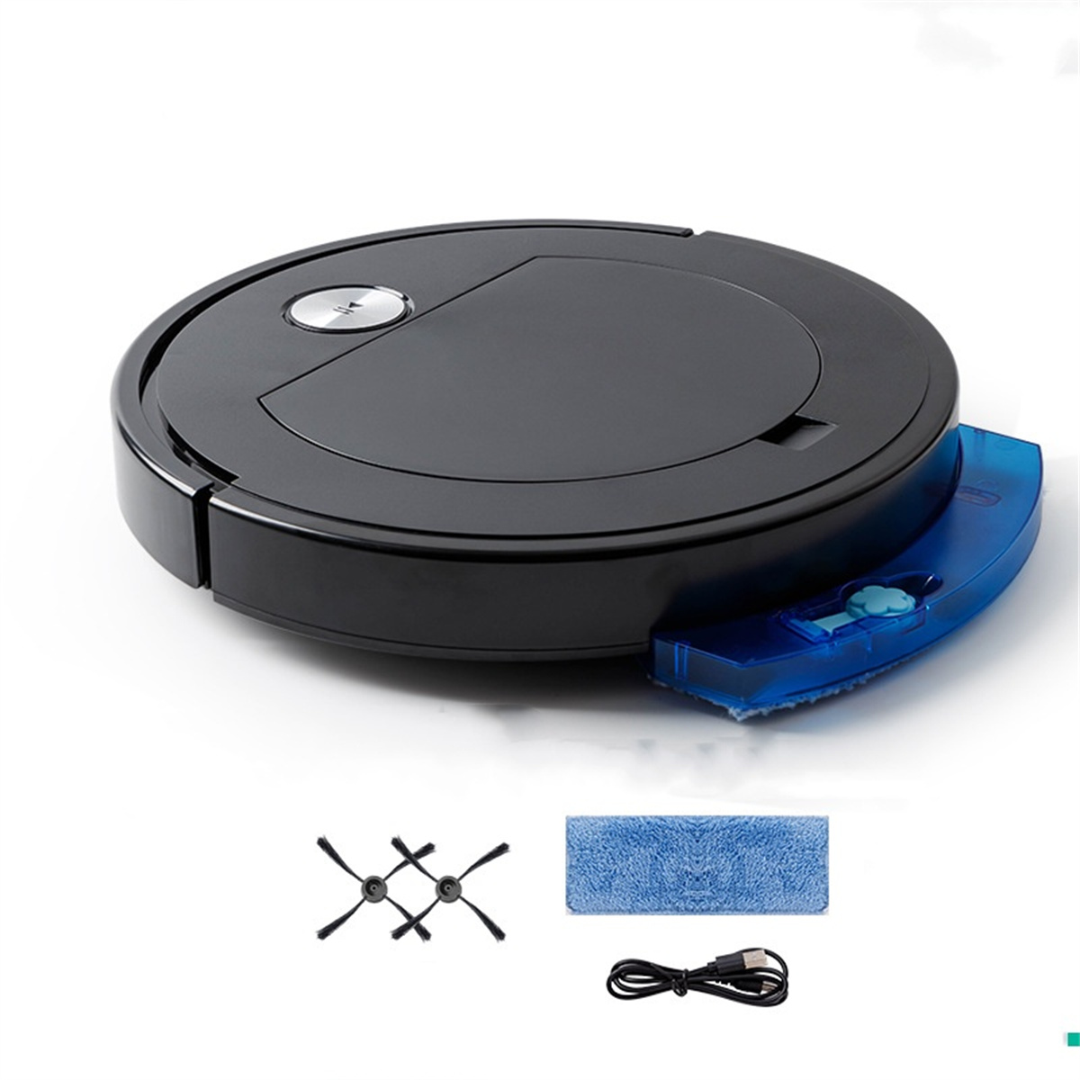 Schwarzer Roboter-Staubsauger, Zubehör und ein USB-Kabel auf weißem Hintergrund. Der Staubsauger hat einen blauen Wischmopp.
