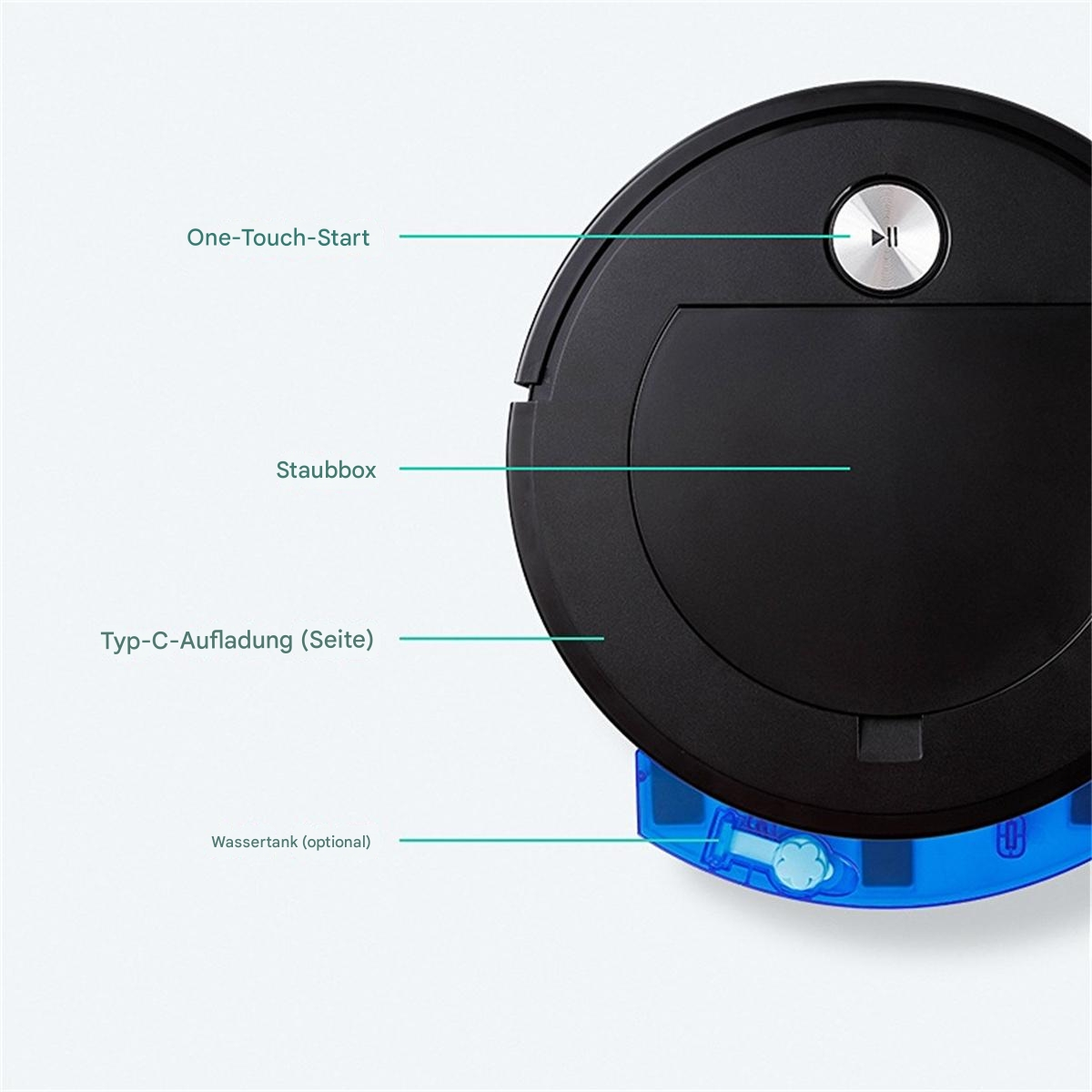 Schwarzer, runder Roboter-Staubsauger mit Beschriftungen, die Funktionen anzeigen. Blaue Akzente. Weißer Hintergrund.