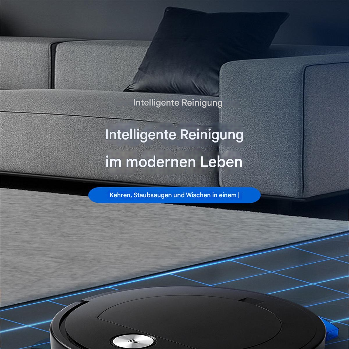 Roboter-Staubsauger auf dem Boden. Text: Intelligente Reinigung im modernen Leben.