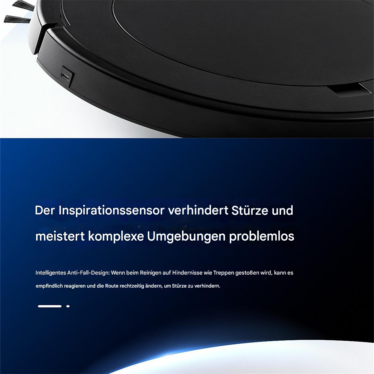 Schwarzer Roboter-Staubsauger mit deutschem Text über seine Funktionen.