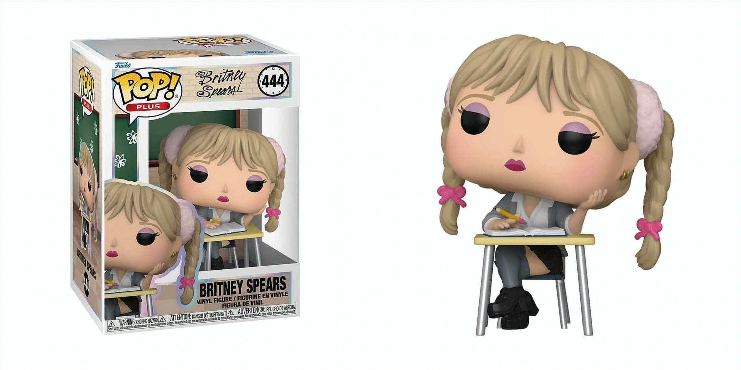 Figura Funko Pop! de Britney Spears, con caja. La figura lleva un uniforme escolar, con coletas y un escritorio.