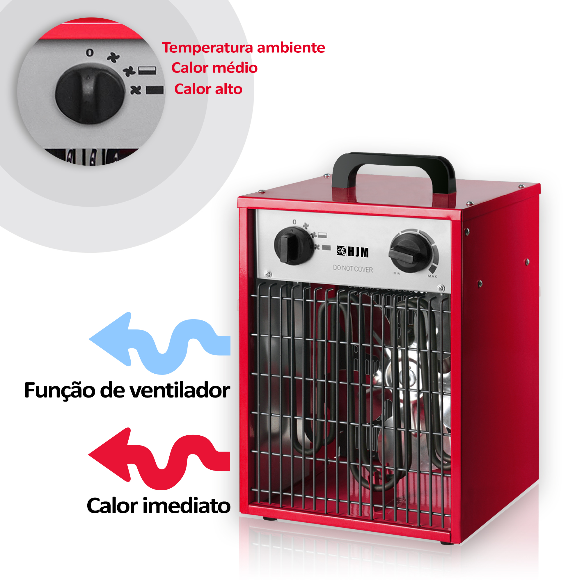 Calentador eléctrico rojo con panel de control y flechas azul/rojo indicando funciones.
