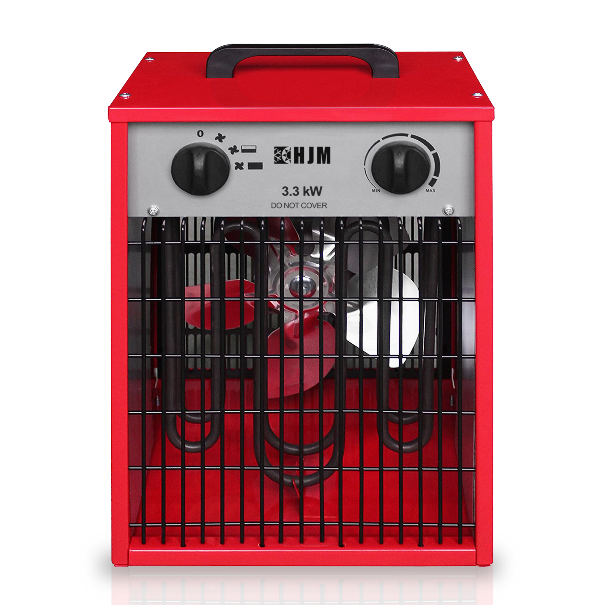 Calentador eléctrico rojo con rejilla y controles.