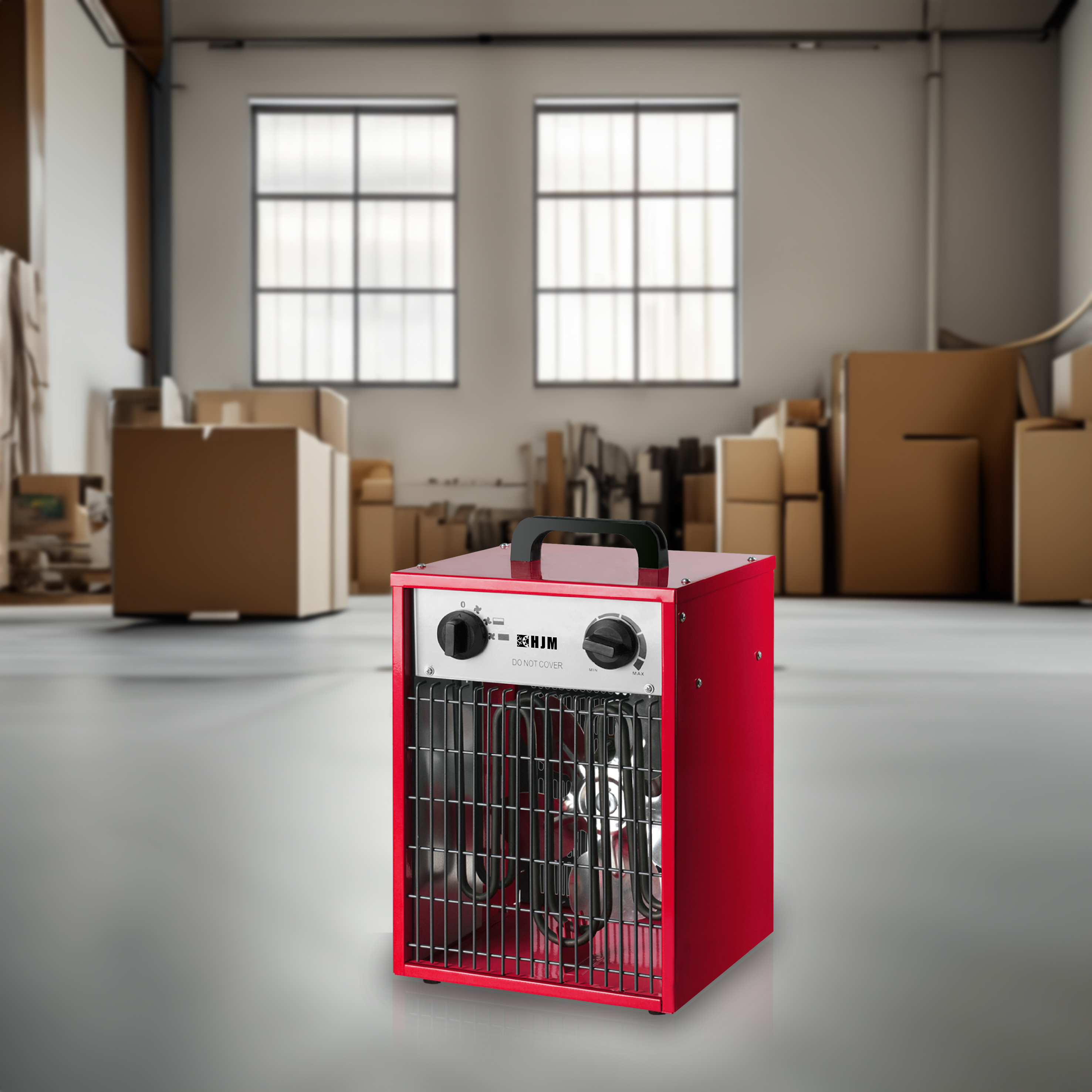 Un calefactor eléctrico rojo en un almacén con cajas en el fondo.